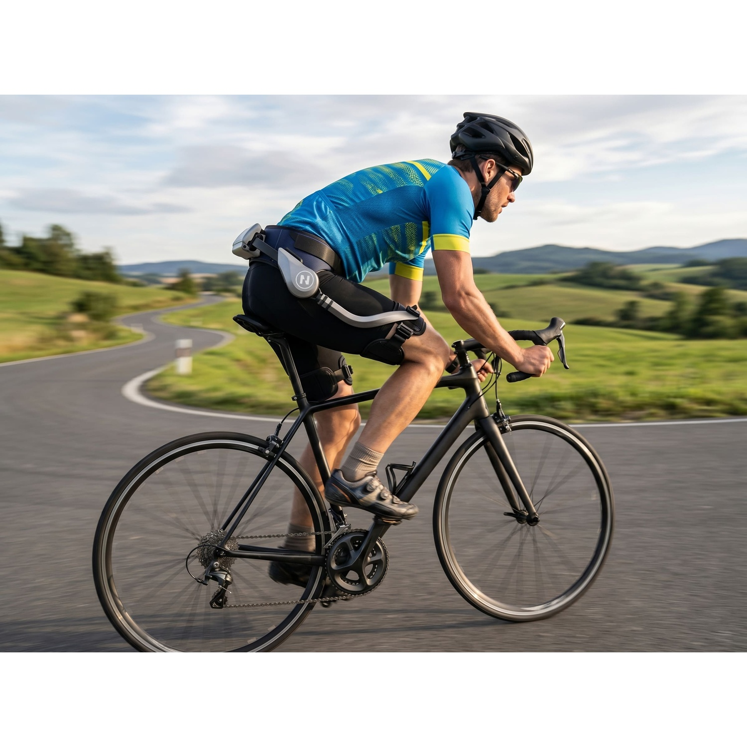 Un ciclista in abiti blu pedala su una strada tortuosa in un paesaggio collinare.