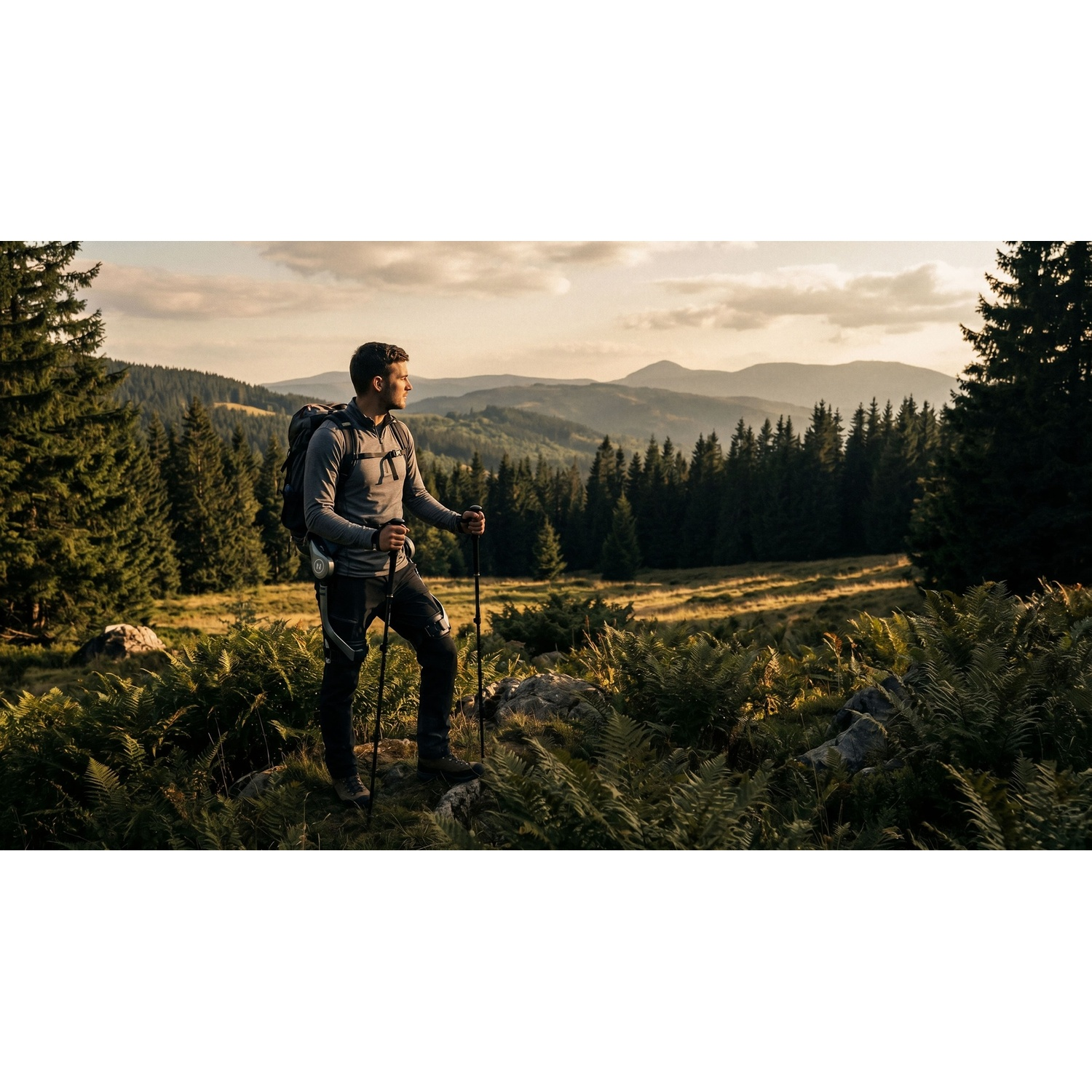 Un uomo con zaino e bastoncini da trekking in un paesaggio montano.