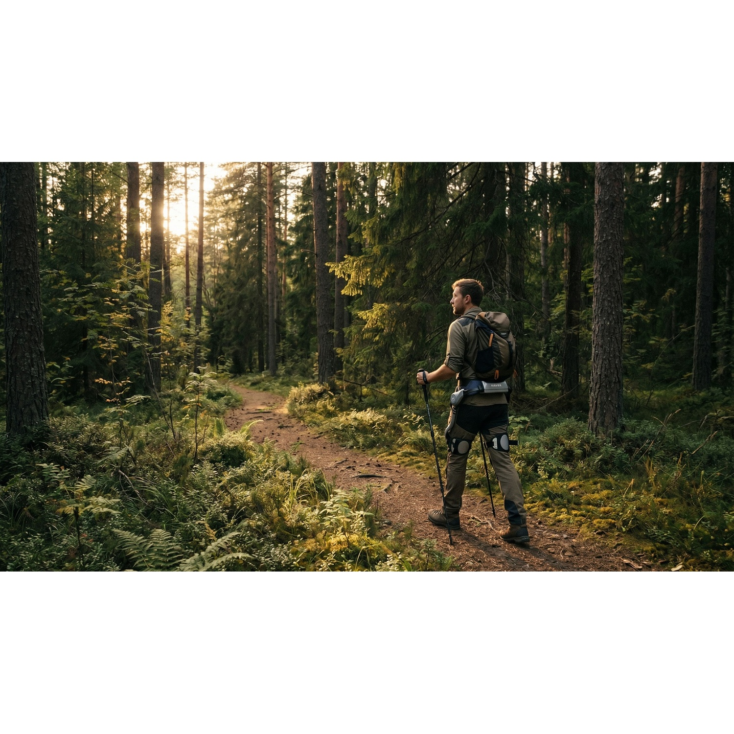 Un uomo cammina su un sentiero nel bosco al sole con bastoncini.