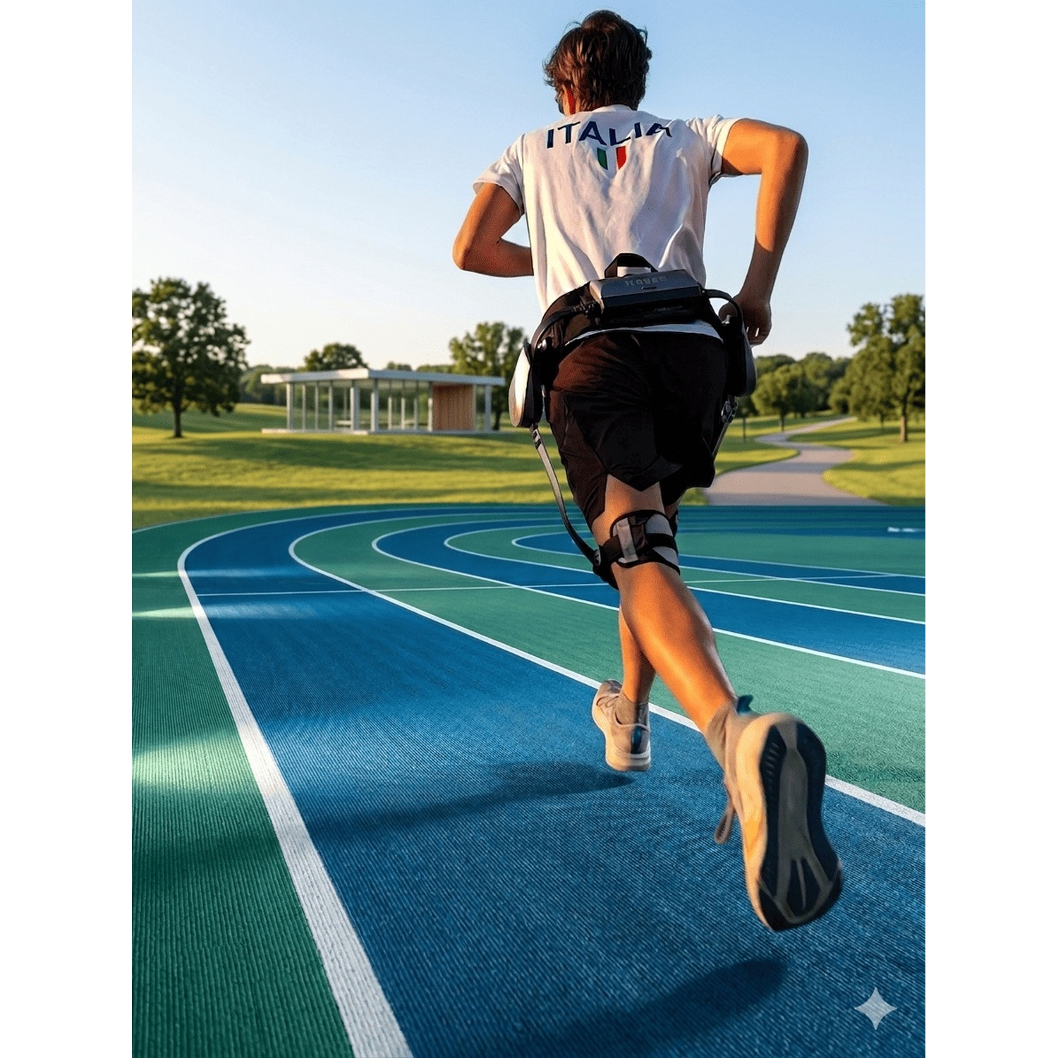 Corridore con esoscheletro su pista blu e verde, edificio sullo sfondo.