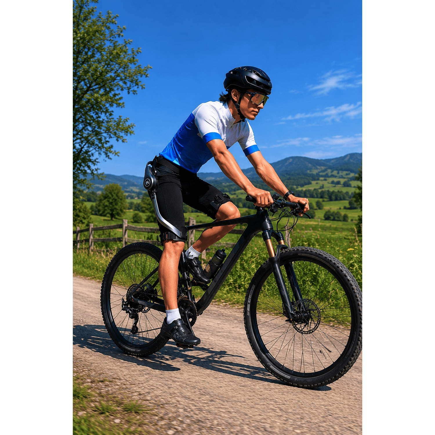 Un uomo pedala in mountain bike su una strada sterrata, con colline verdi e montagne sullo sfondo.