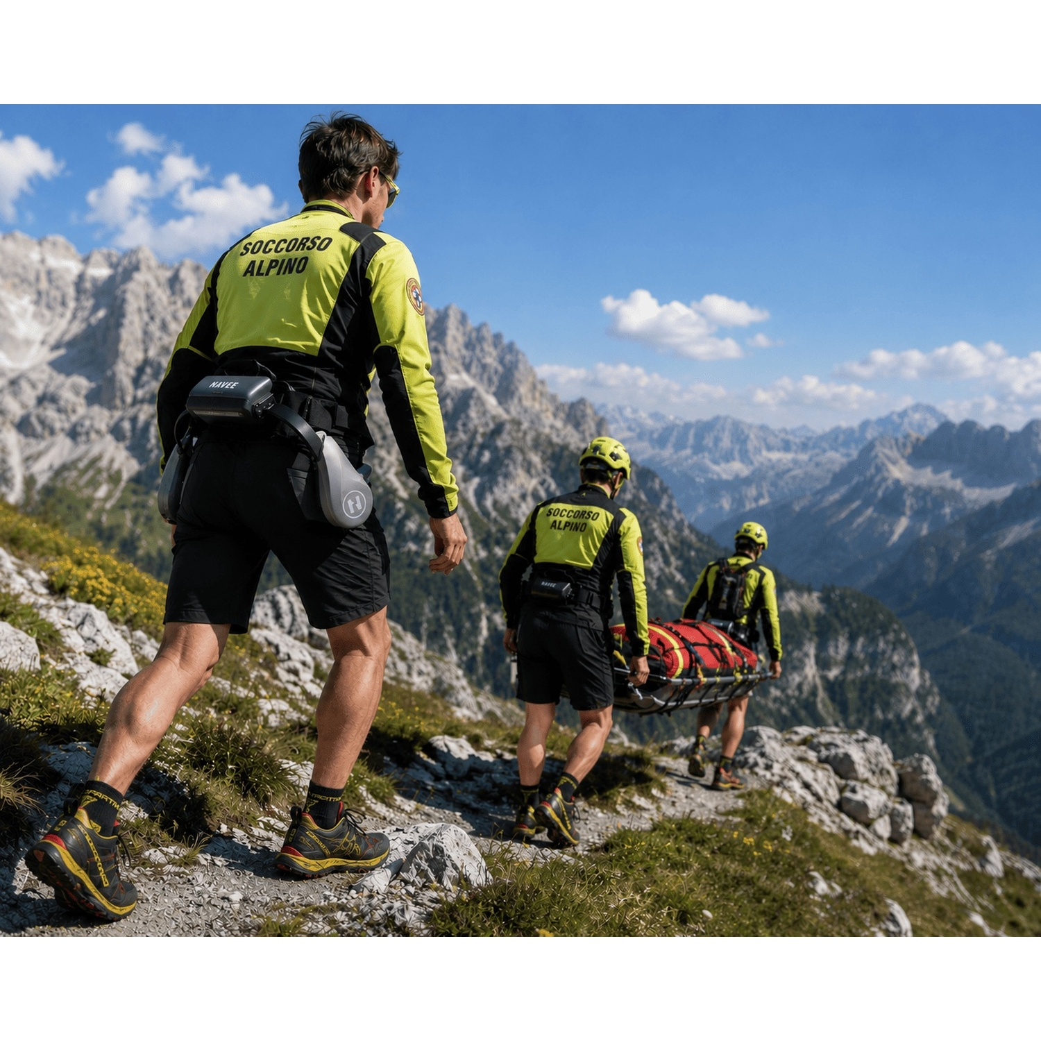 Soccorritori alpini trasportano una barella con un paziente in una catena montuosa rocciosa.