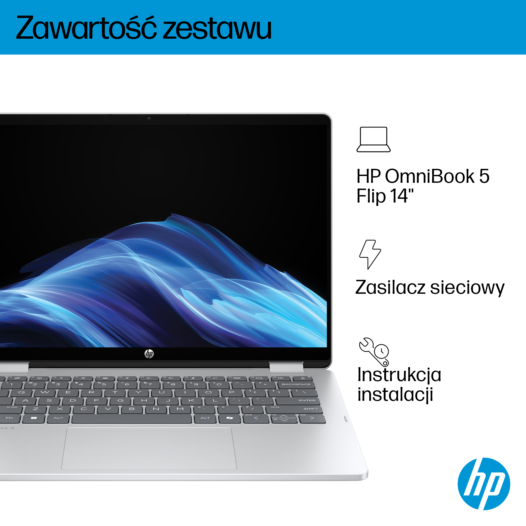 Laptop HP OmniBook 5 Flip 14 z klawiaturą i ikoną zasilacza. Ikona instrukcji.