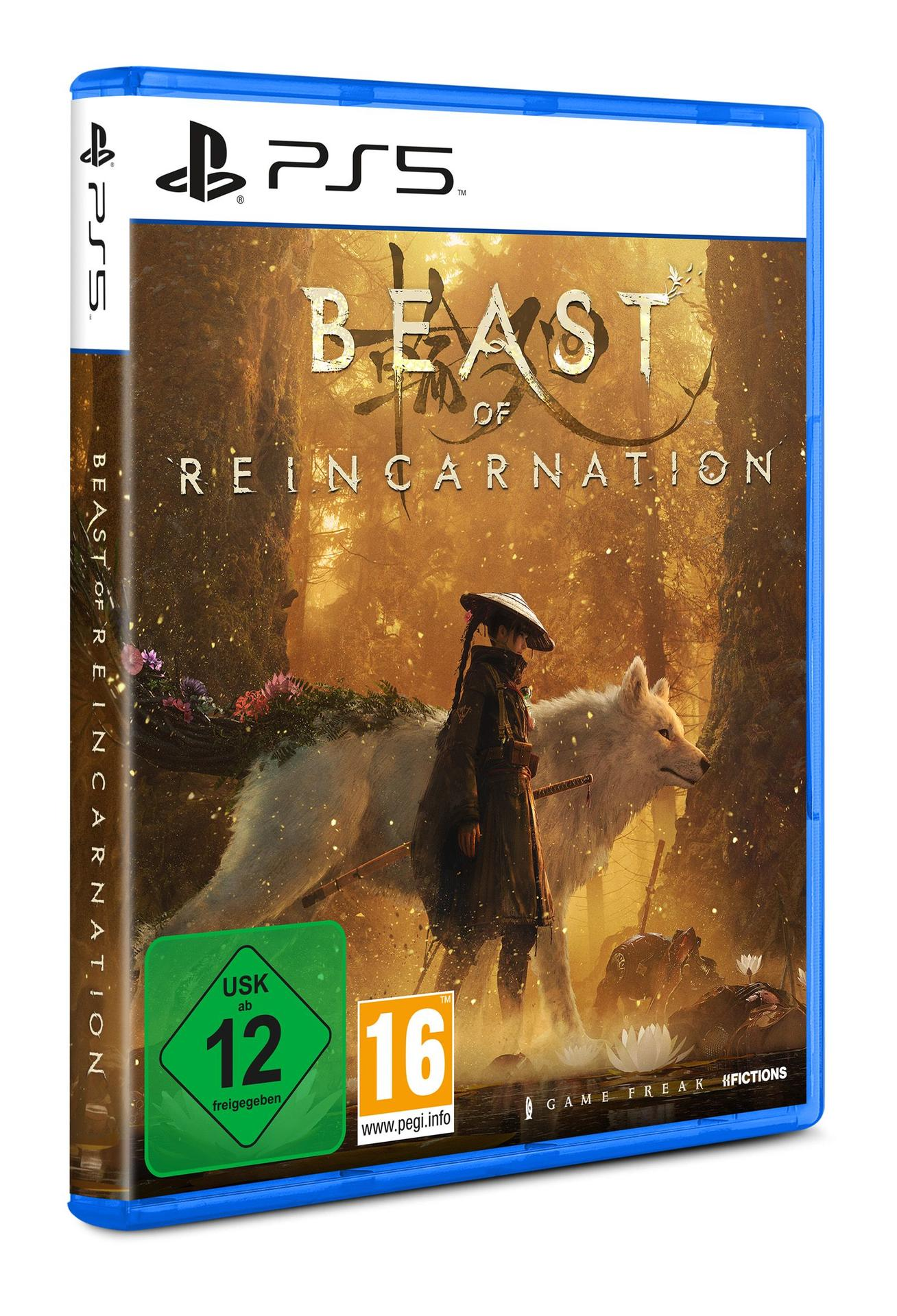PS5 Spiel: Eine Person mit Hut und ein weißer Wolf in einem Wald. USK 12.