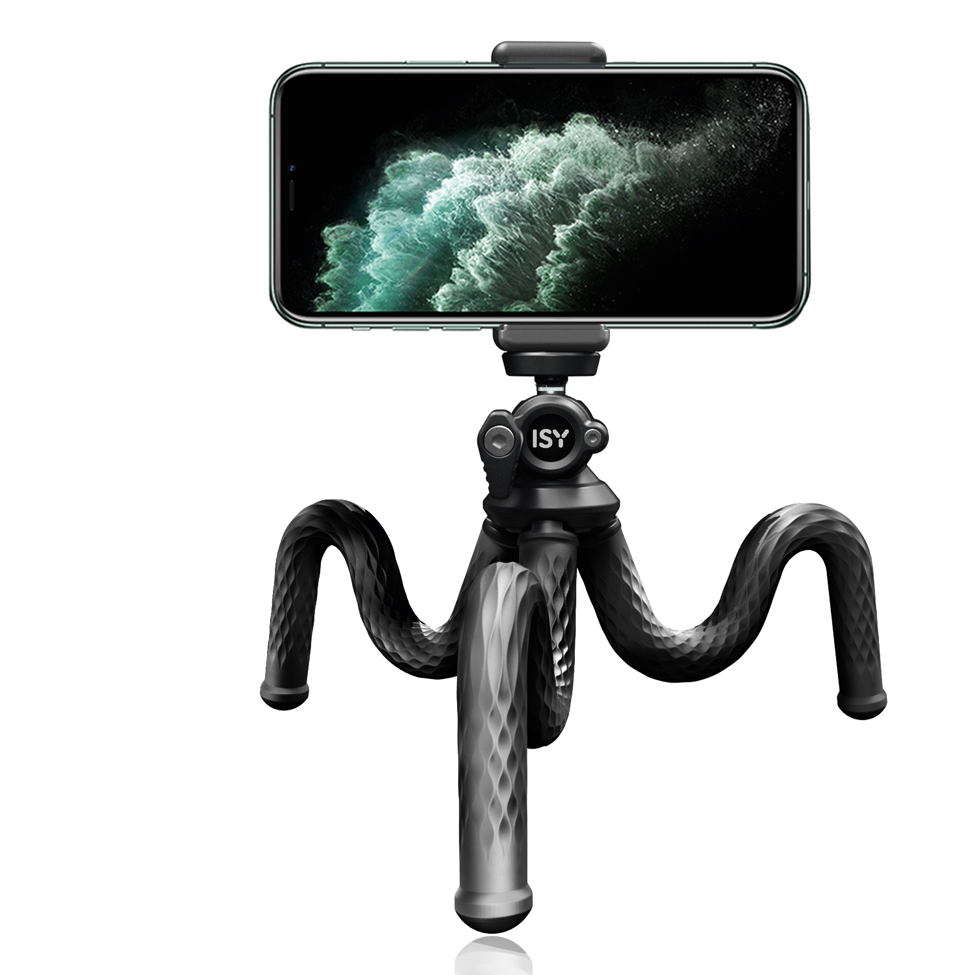 Ein schwarzes ISY-Stativ mit flexiblen Beinen hält ein Smartphone mit grünem Hintergrund.