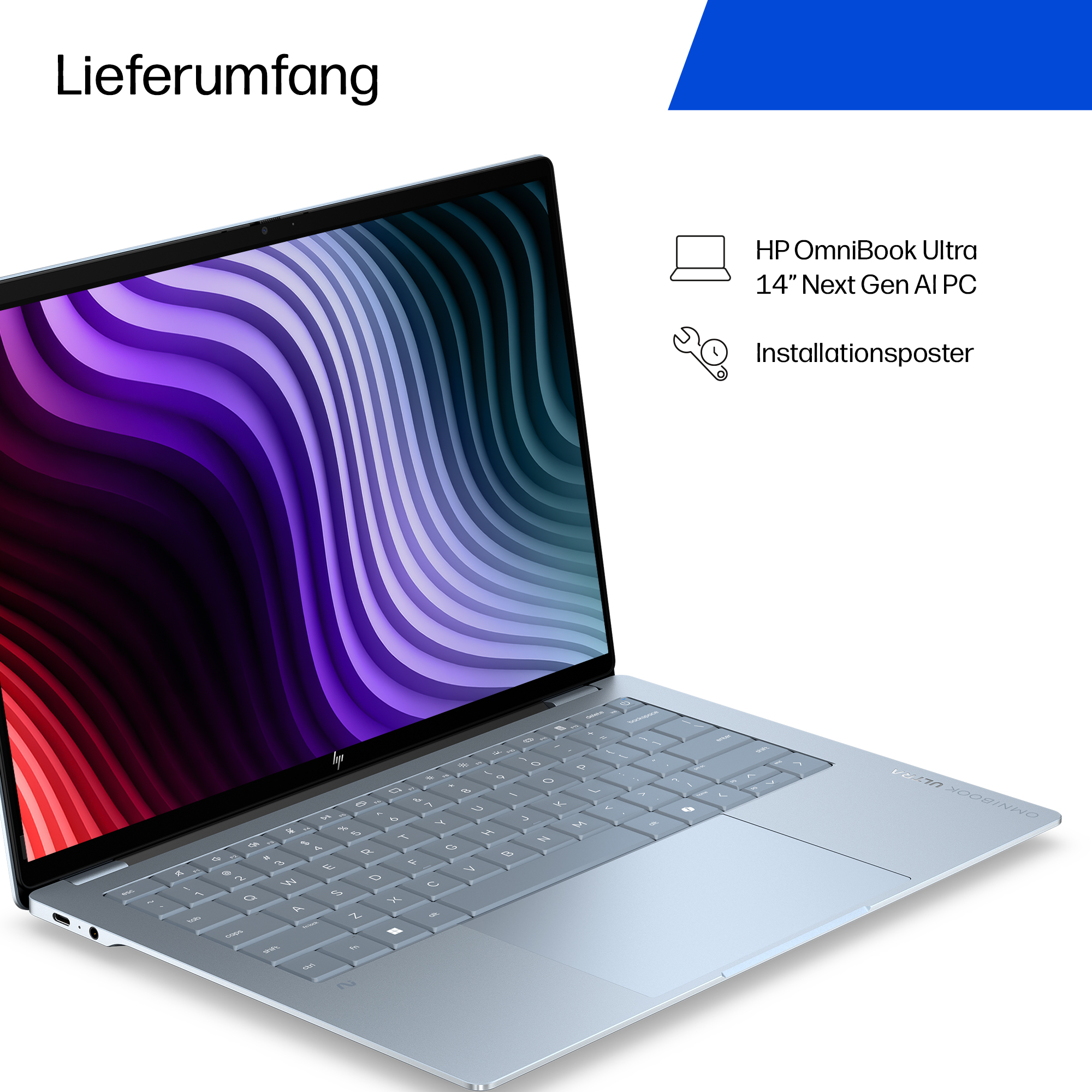 Ein hellblauer HP OmniBook Ultra Laptop ist geöffnet und zeigt einen bunten abstrakten Hintergrund. Text nennt Inhalte.