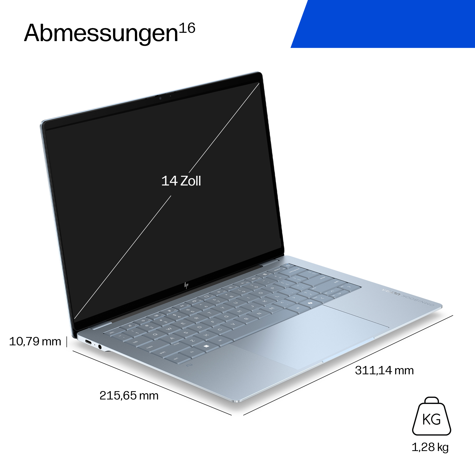 Ein hellblaues Laptop mit 14 Zoll Bildschirm, Maßen 311,14x215,65x10,79mm und 1,28kg.