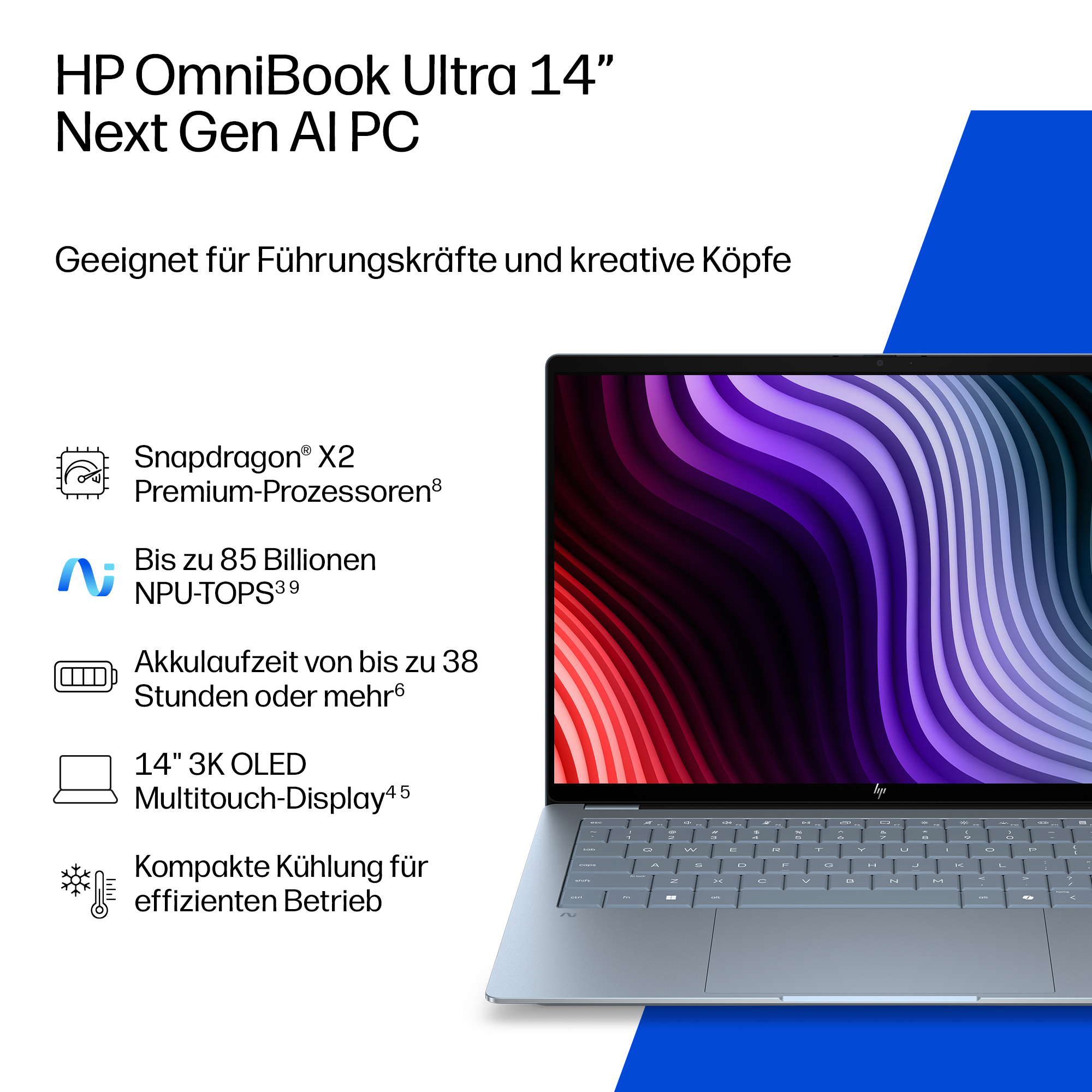 HP OmniBook Ultra 14 KI-PC mit Snapdragon X2 Prozessor und 38h Akkulaufzeit.