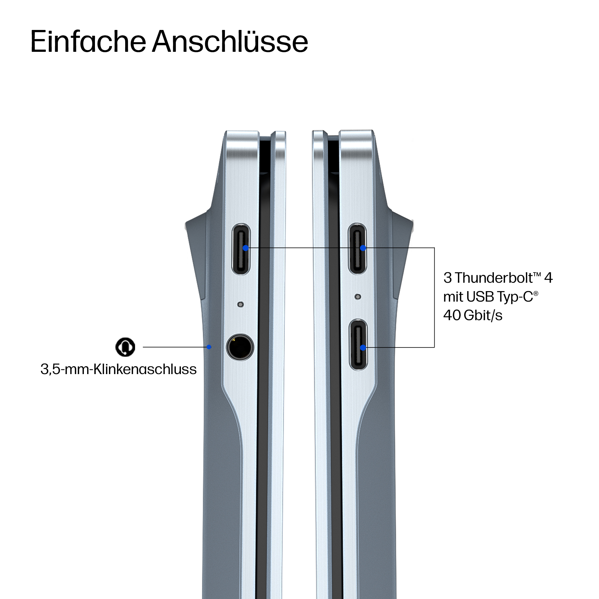 Nahaufnahme von Laptopanschlüssen: 3,5-mm-Klinke und Thunderbolt 4.