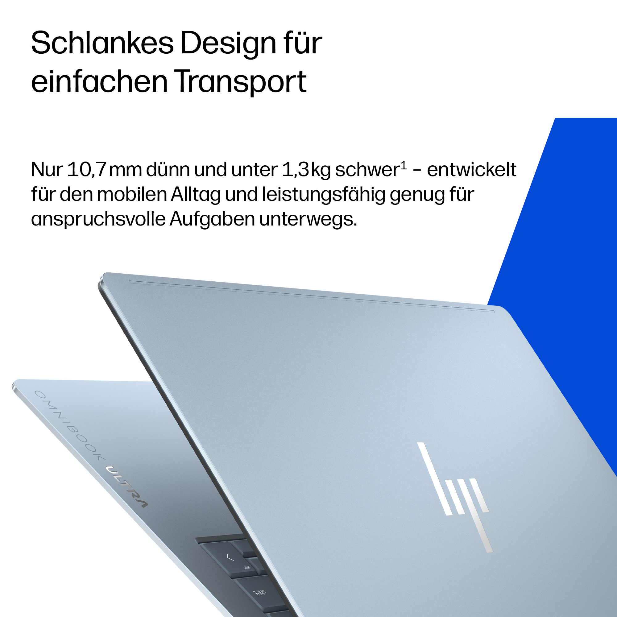 Ein schlankes, hellblaues HP OMNIBOOK ULTRA Laptop ist geöffnet.