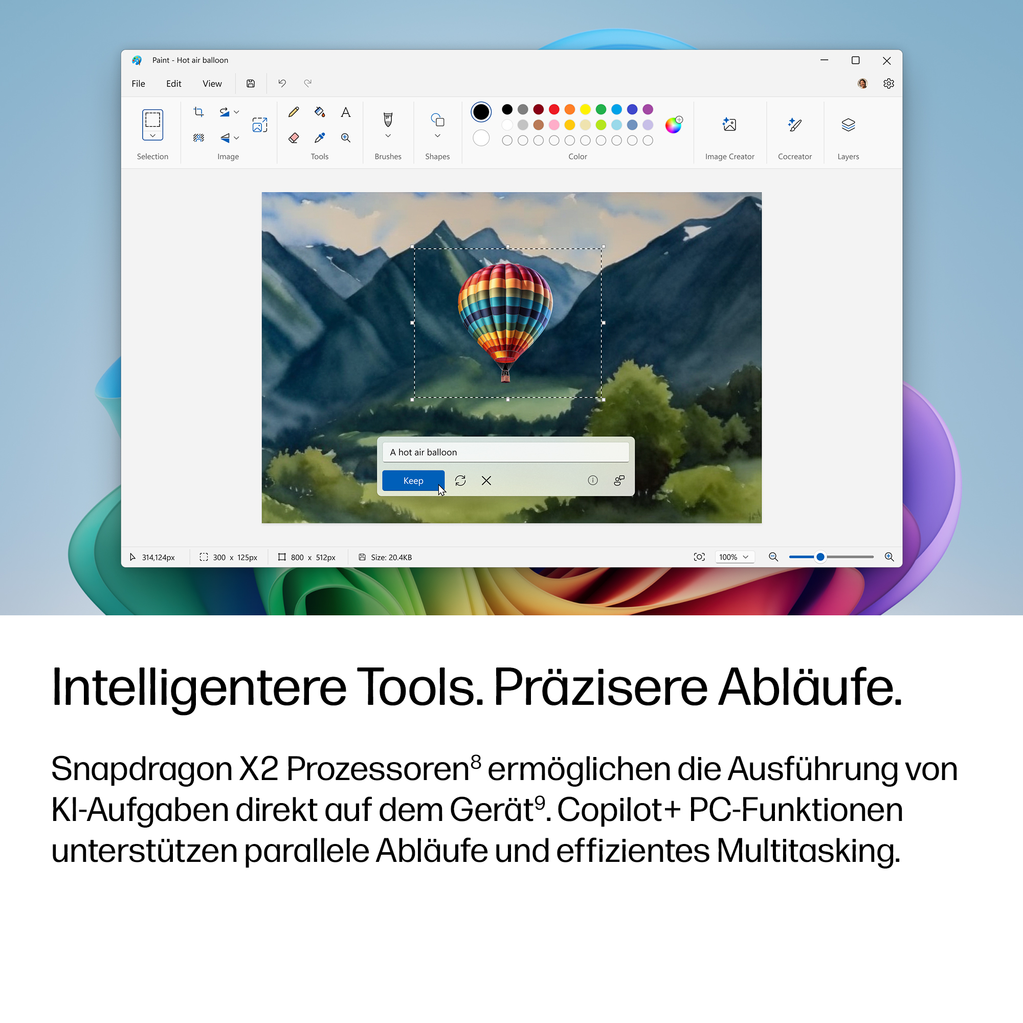 Ein bunter Heißluftballon wird im Paint-Programm ausgewählt, vor einer Berglandschaft.
