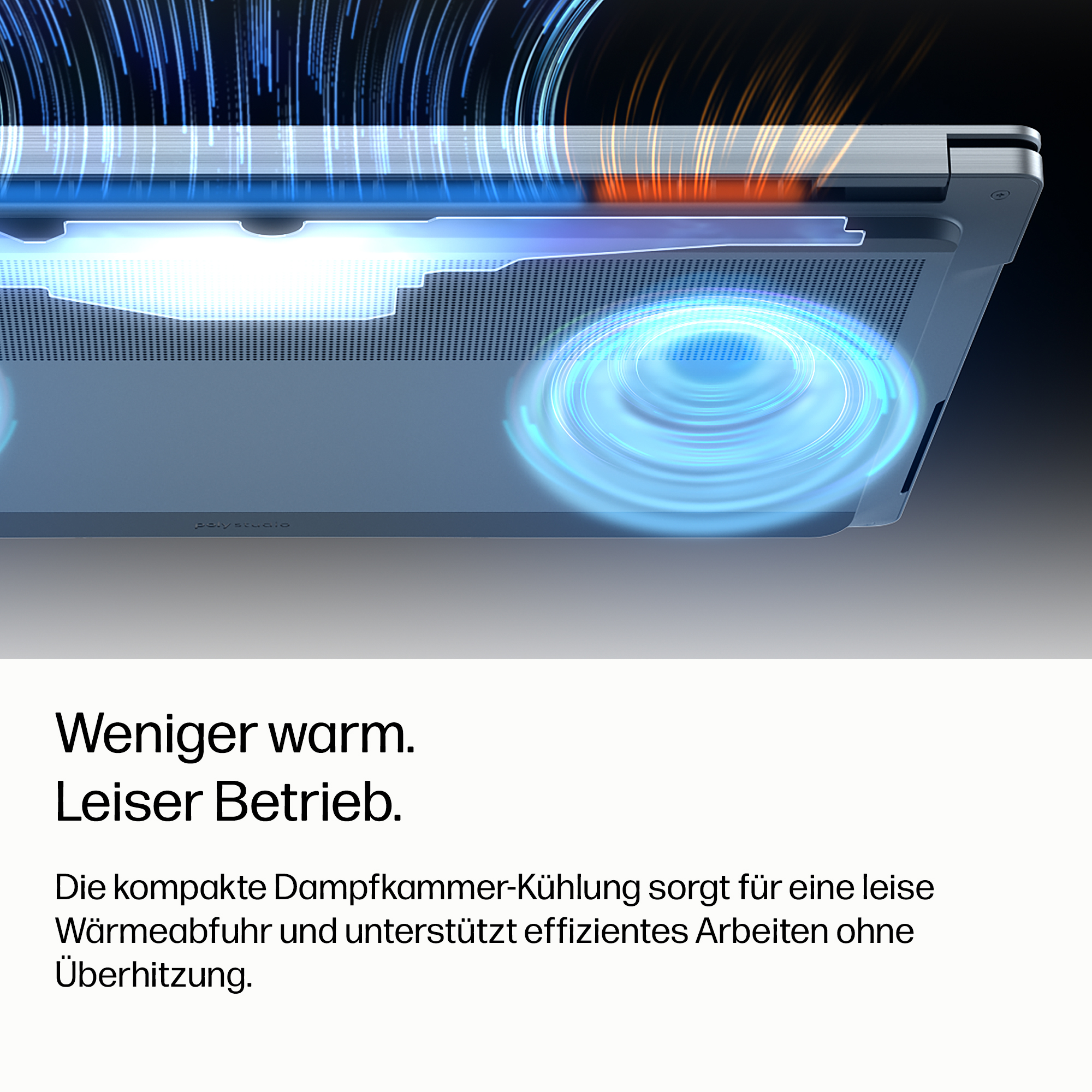 Lüfter und Wärmeabfuhr eines Laptops mit blau leuchtenden Wirbeln.