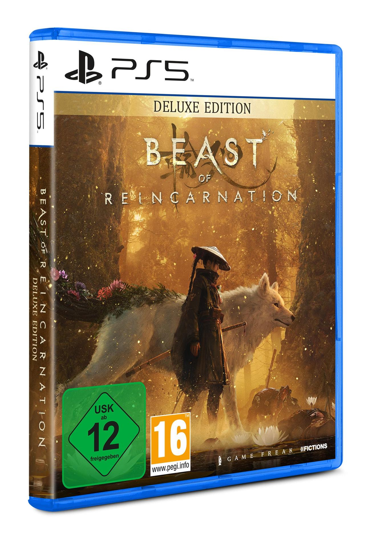 PS5-Spielhülle für 'Beast of Reincarnation Deluxe Edition' mit einer Figur und einem Wolf.