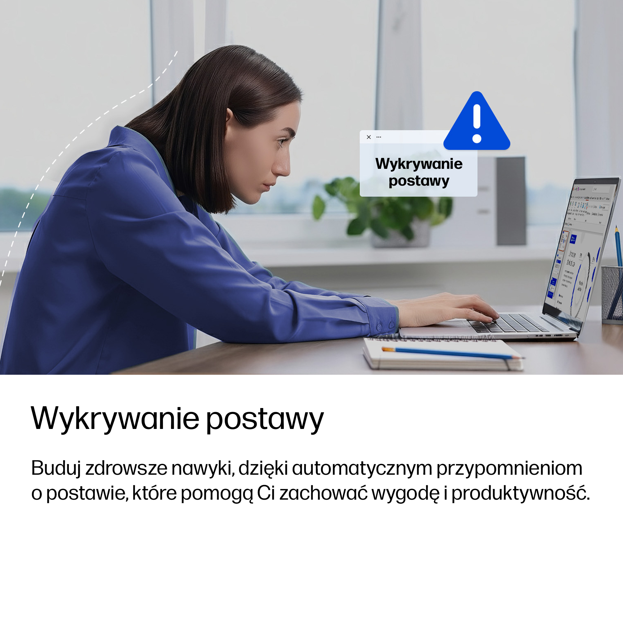 Kobieta przy laptopie z ikoną ostrzeżenia i tekstem "Wykrywanie postawy".
