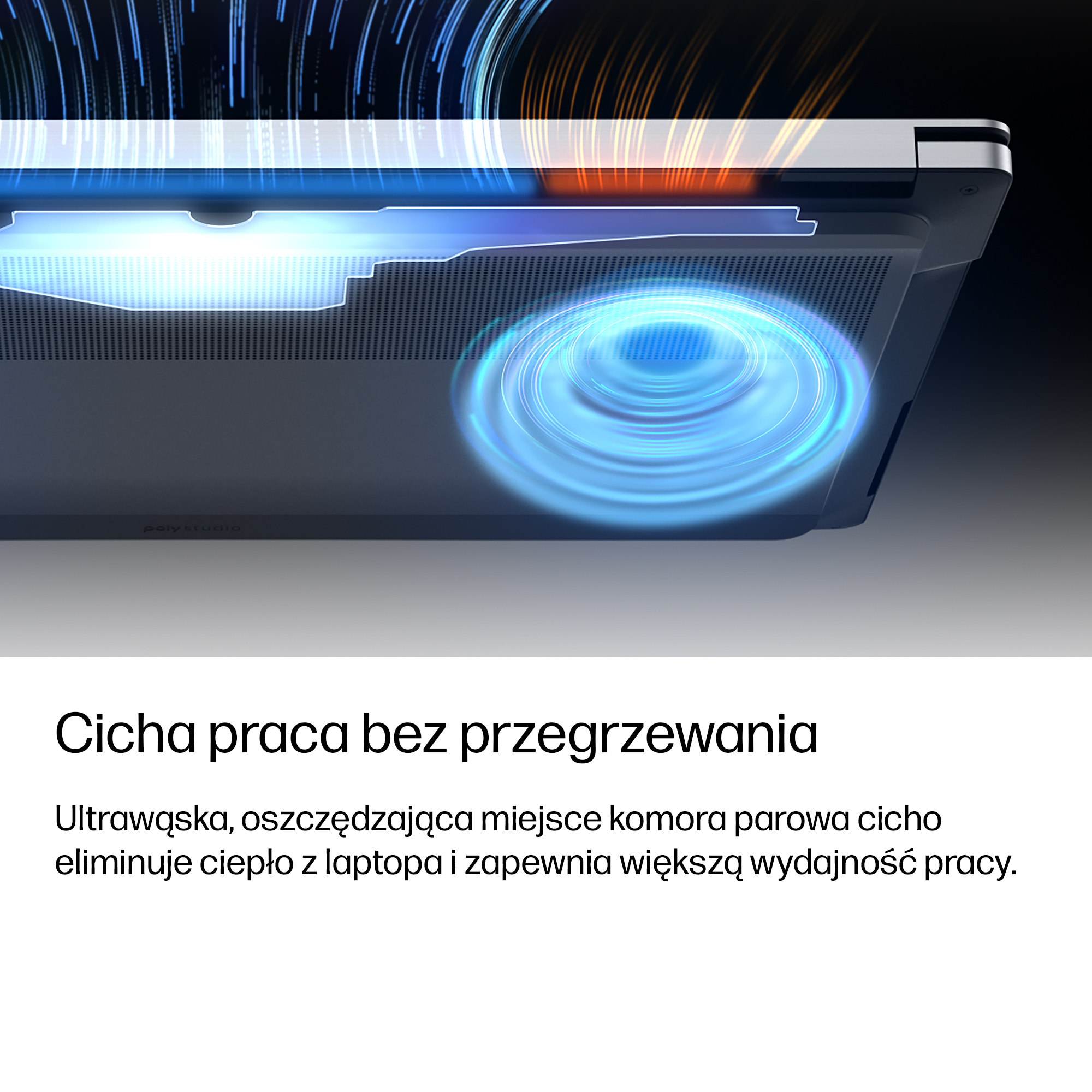 Animacja ukazuje chłodzenie laptopa niebieską falą nad otworami wentylacyjnymi.
