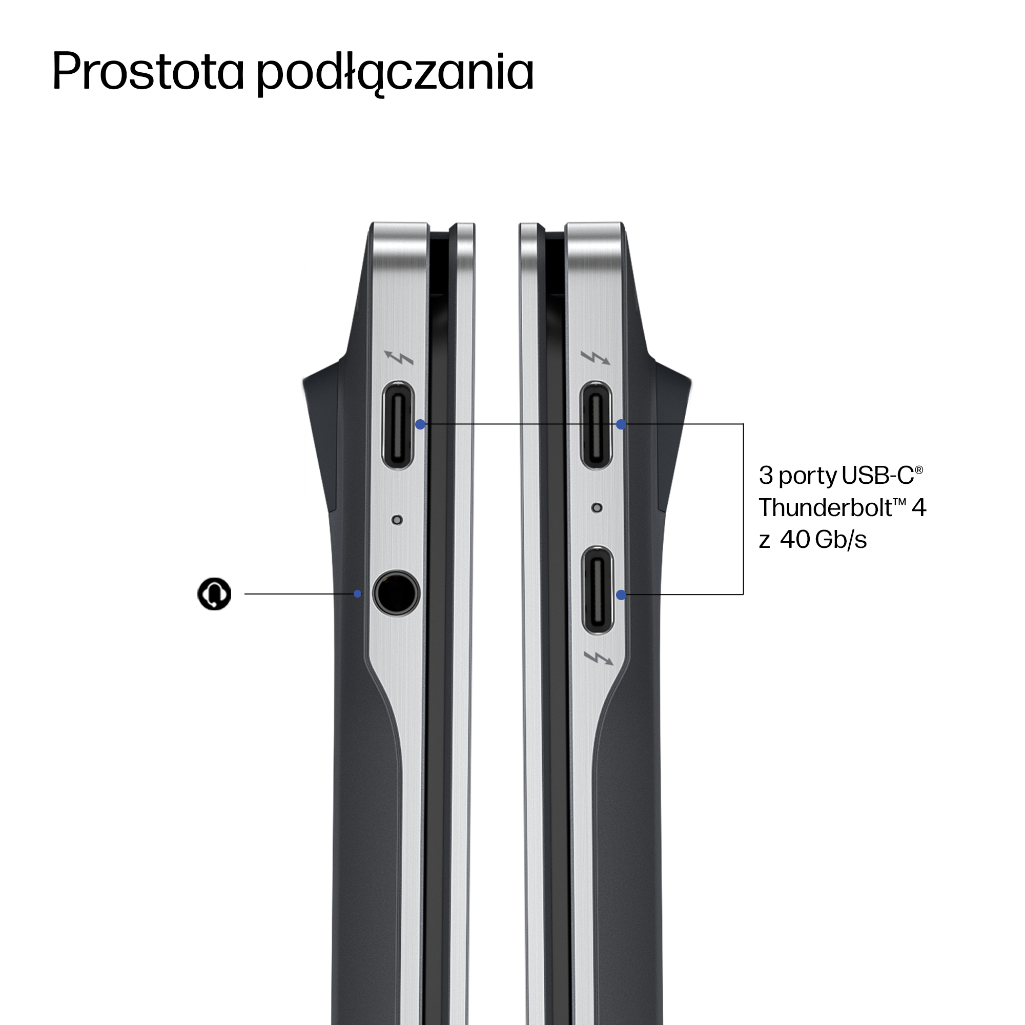Zbliżenie boków laptopa pokazujące porty i etykiety.