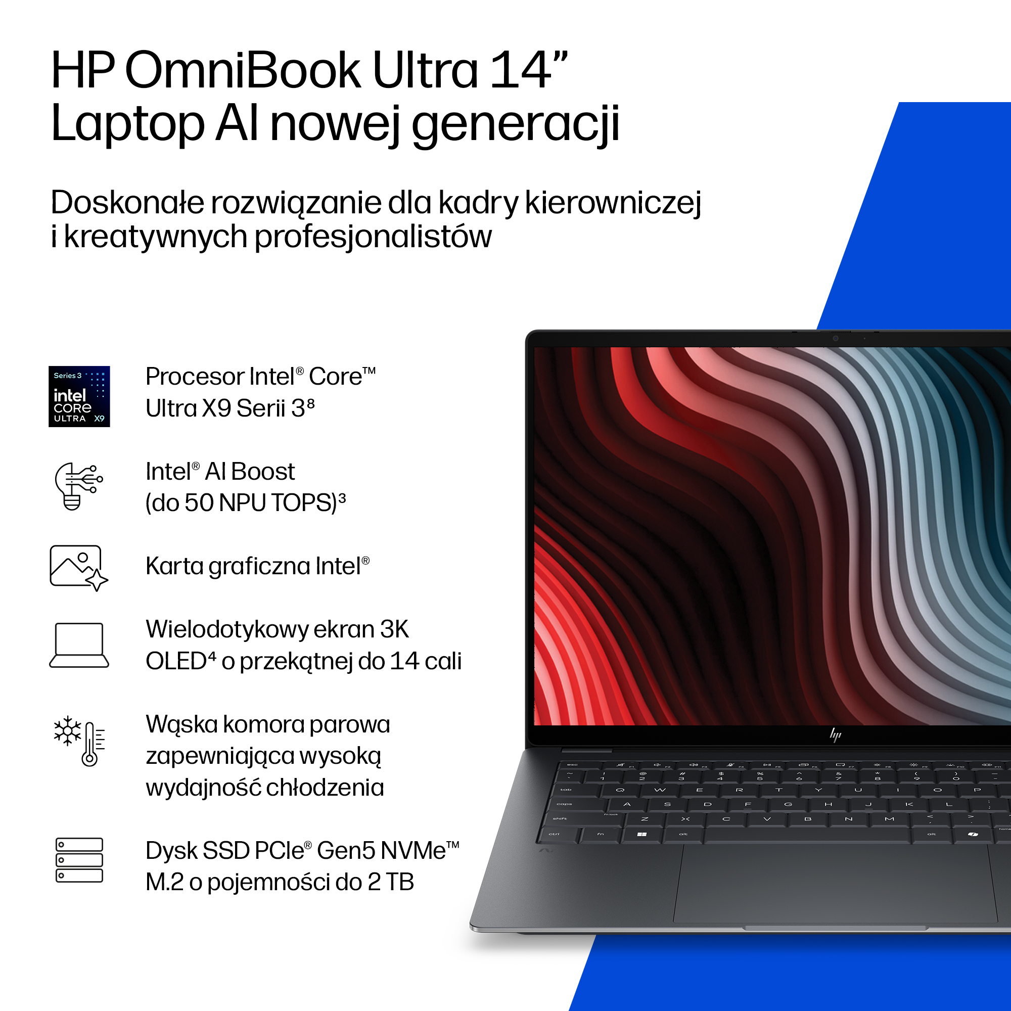 Laptop HP OmniBook Ultra 14" z procesorem Intel Core Ultra X9 i ekranem dotykowym OLED 3K.