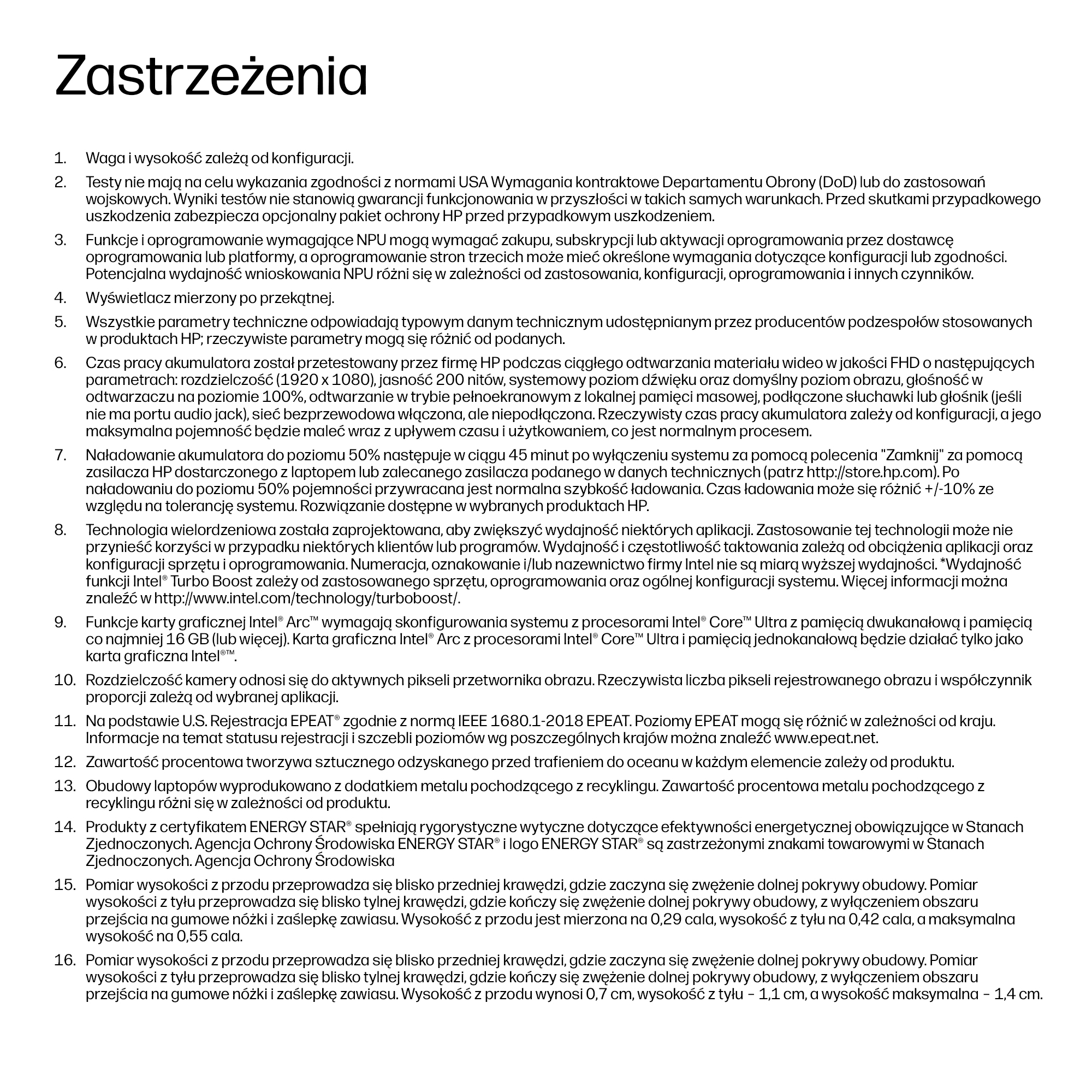 Tekst z 16 punktami zawierającymi specyfikacje produktu i ostrzeżenia.