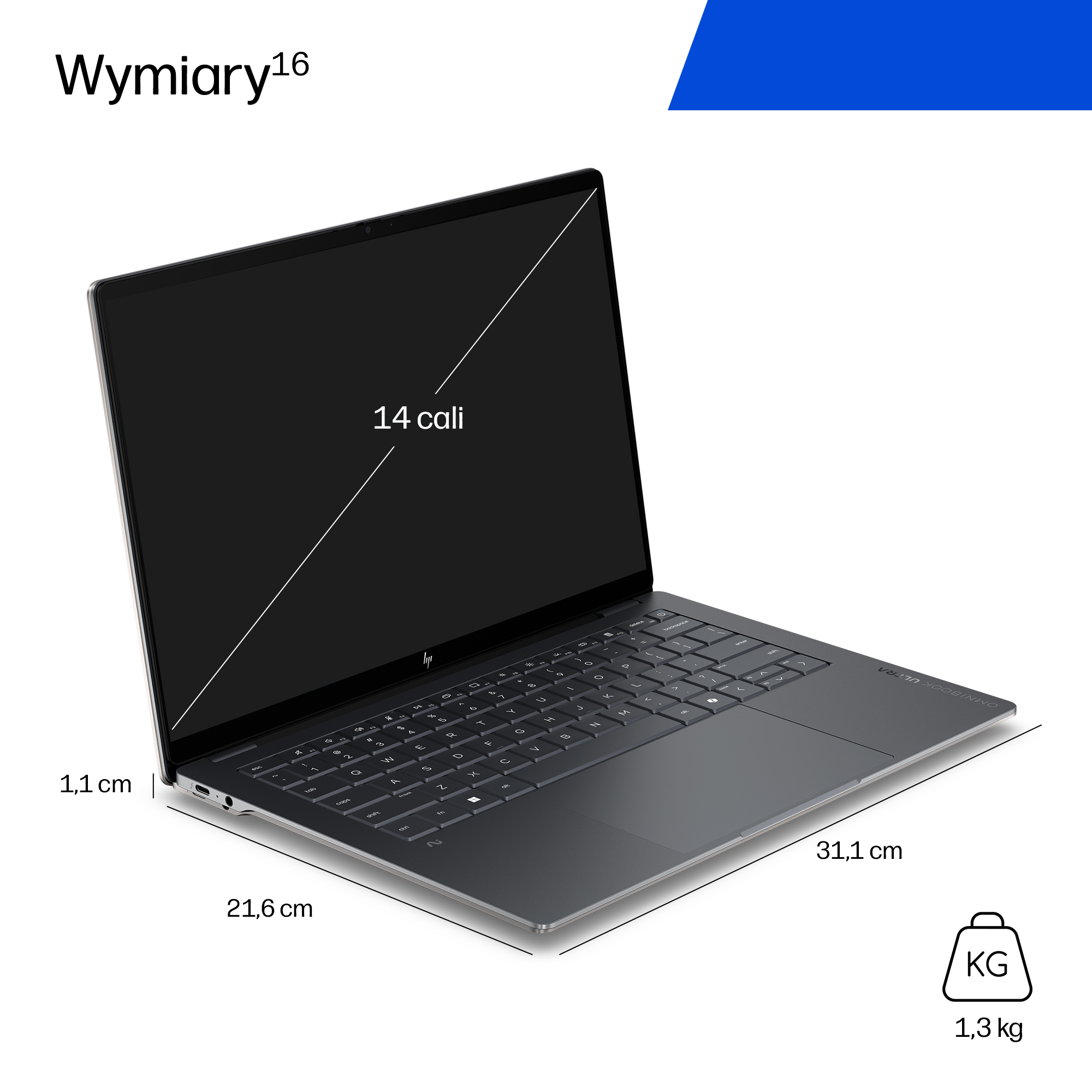 Szary laptop HP z 14-calowym ekranem, wymiarami i wagą.