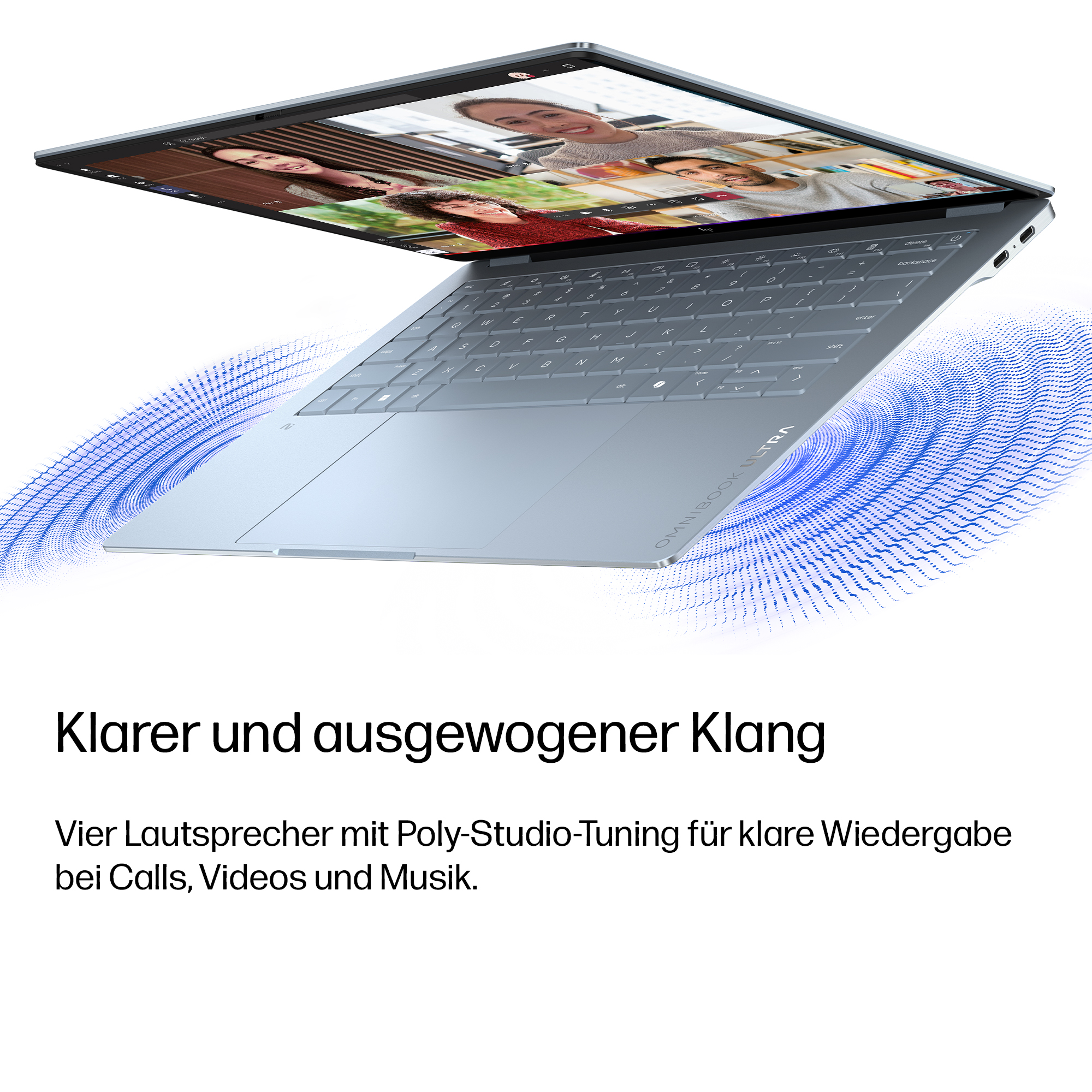 Ein Laptop mit einem Videocall auf dem Bildschirm, blaue Wellen umgeben ihn.