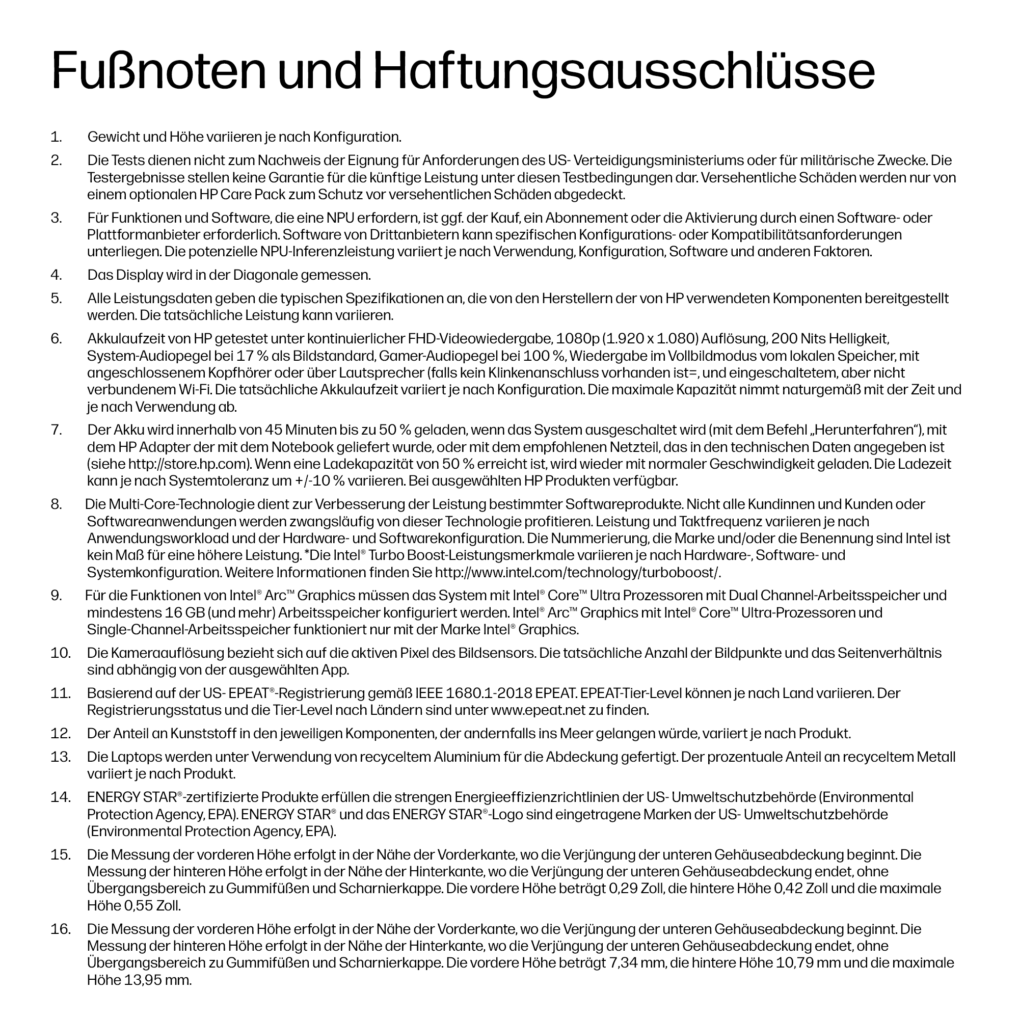 Fußnoten und Haftungsausschlüsse: Details zu Konfiguration, Tests, Akku und mehr.