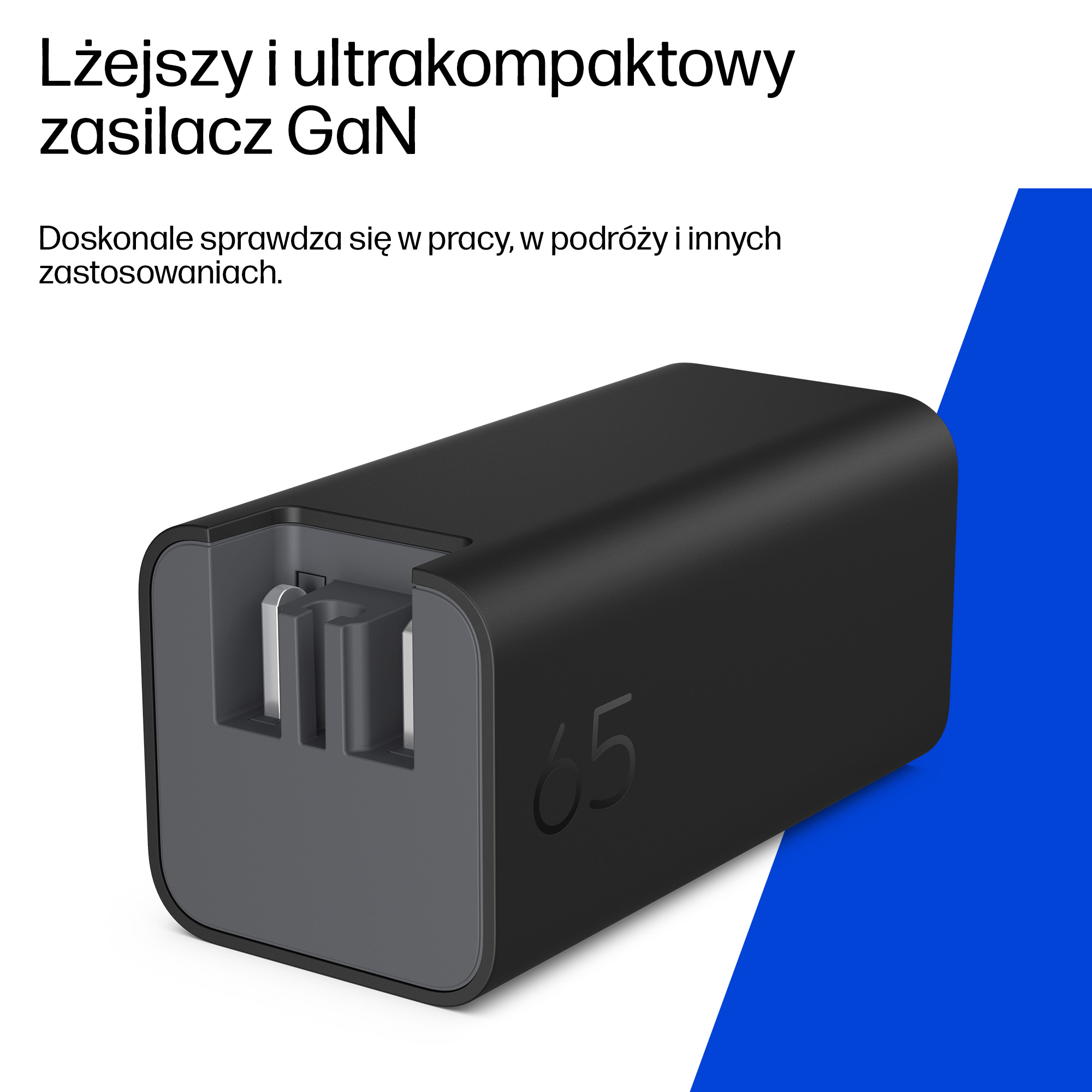 Czarna ładowarka GaN 65W, kompaktowa i lekka, z widocznymi portami.