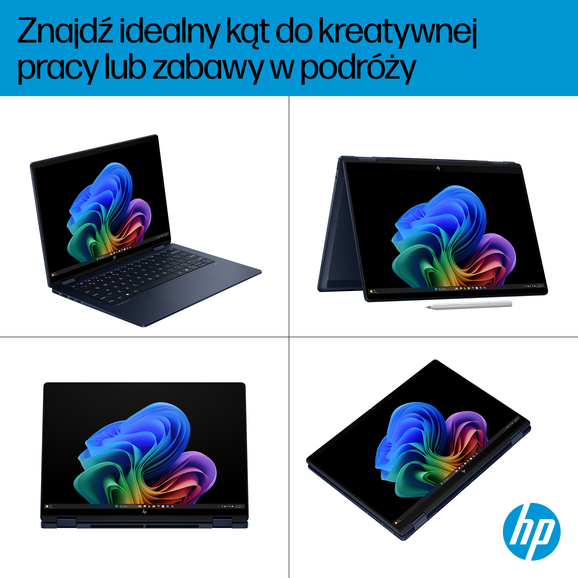 Cztery widoki ciemnoniebieskiego laptopa HP używanego jako tablet, z kolorową grafiką na tapecie.
