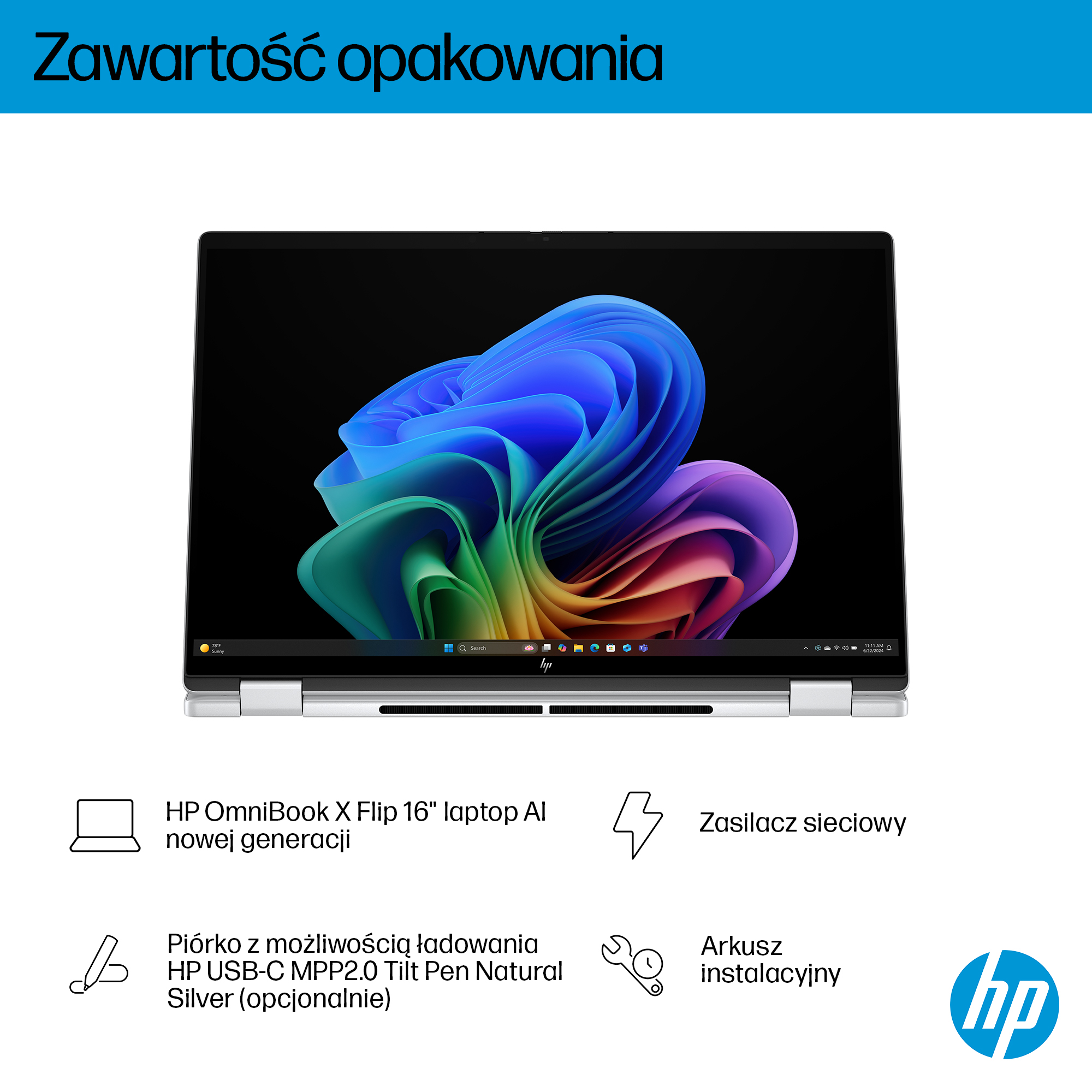 Laptop HP OmniBook X Flip z kolorową tapetą i paskiem zadań.