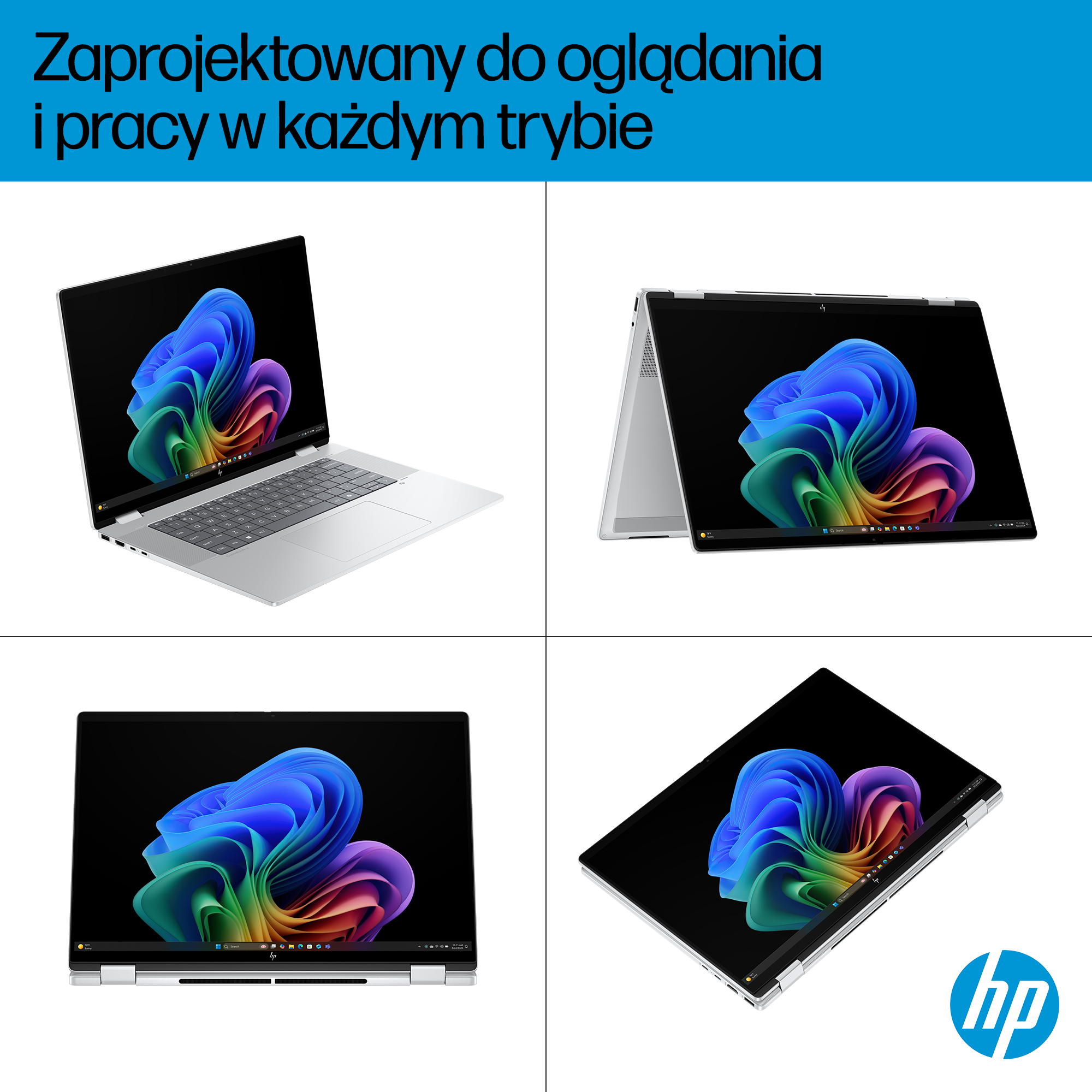 Cztery widoki srebrnego laptopa z kolorowym obrazem tła na ekranie.