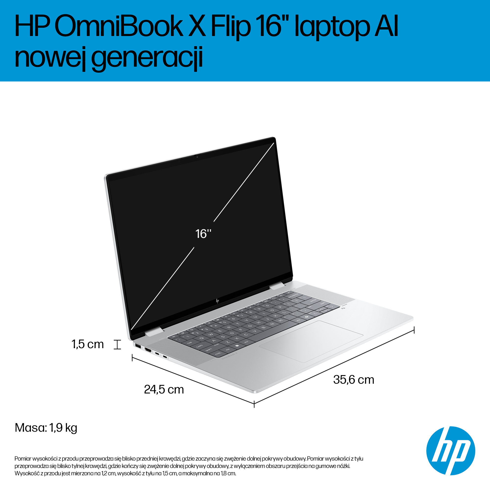 Srebrny laptop HP z 16-calowym ekranem, klawiaturą i wymiarami.