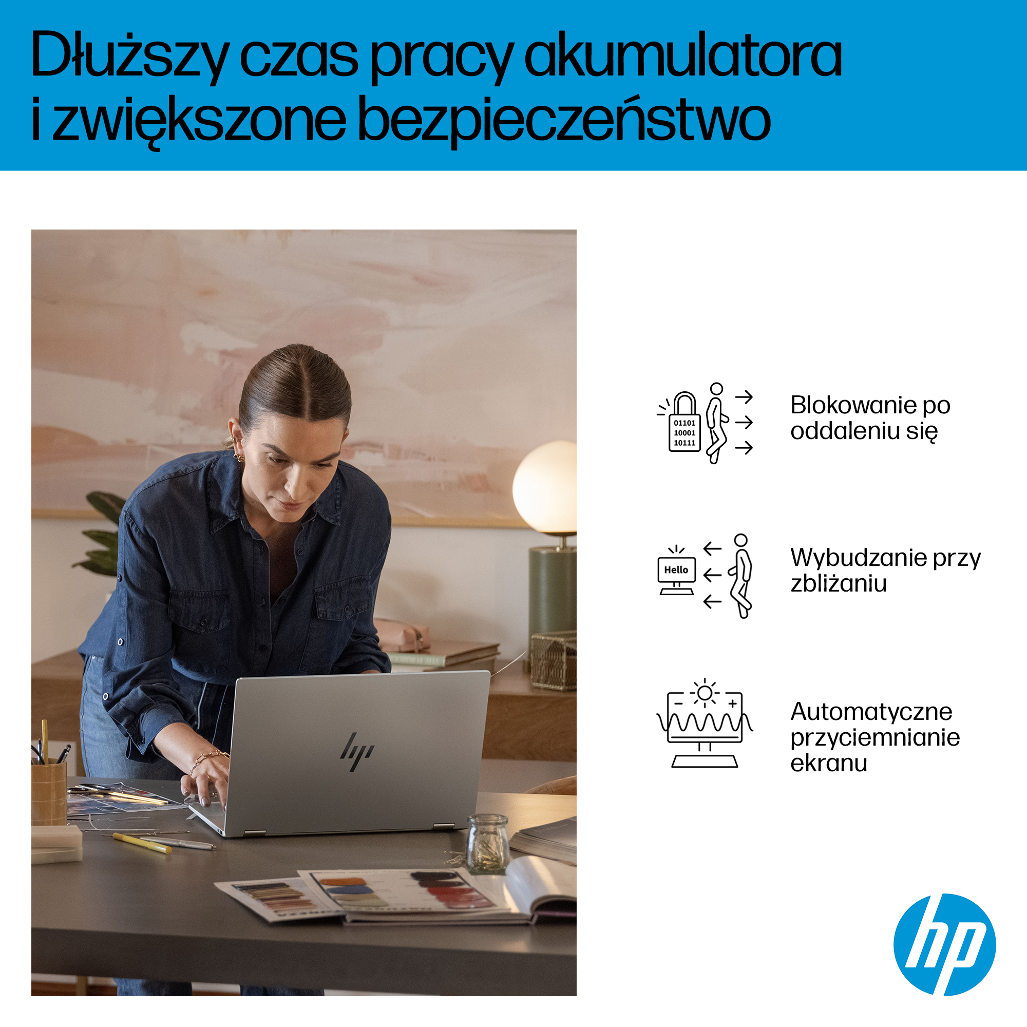 Kobieta pracuje na laptopie. Ikony pokazują funkcje bezpieczeństwa i zasilania.