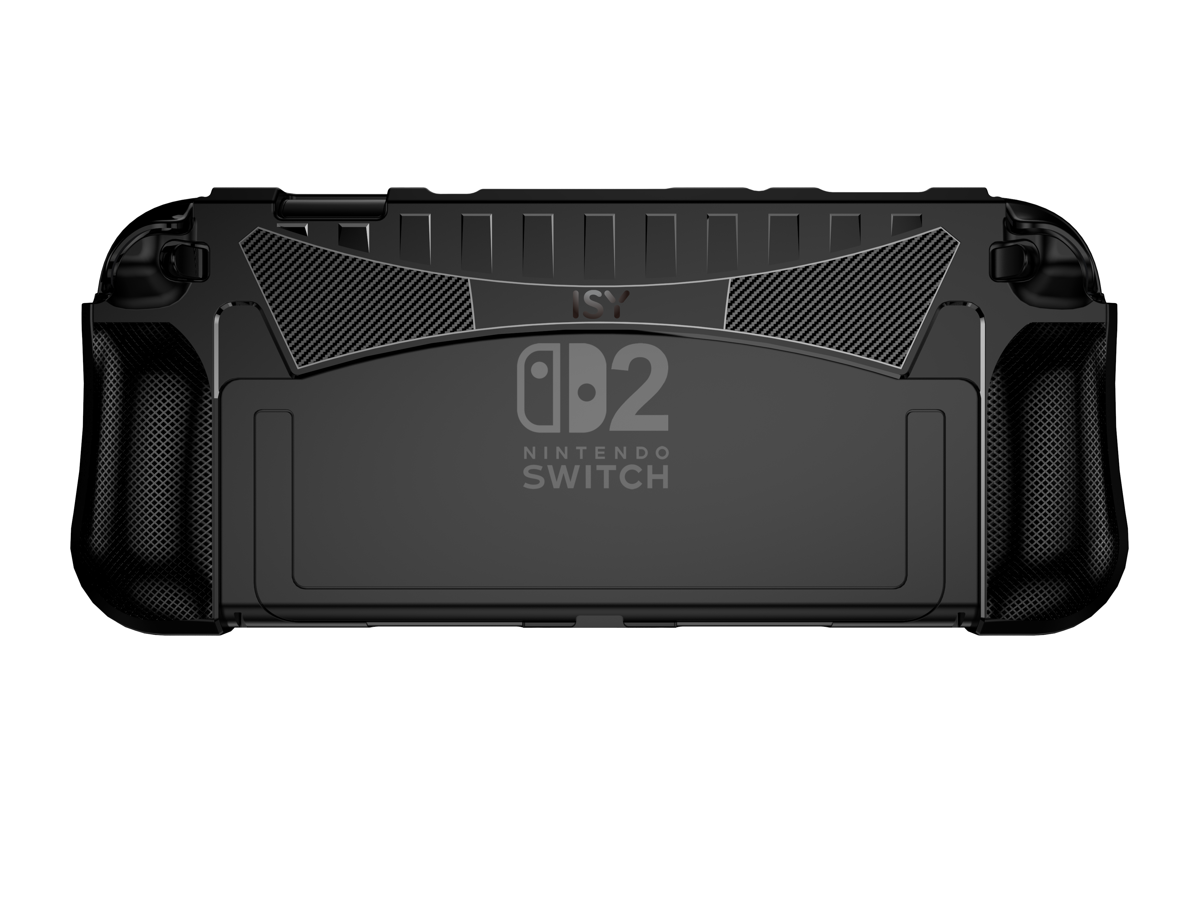 Schwarzes Nintendo Switch-Gehäuse mit Lüftungsschlitzen und Carbonfaser-Akzenten.