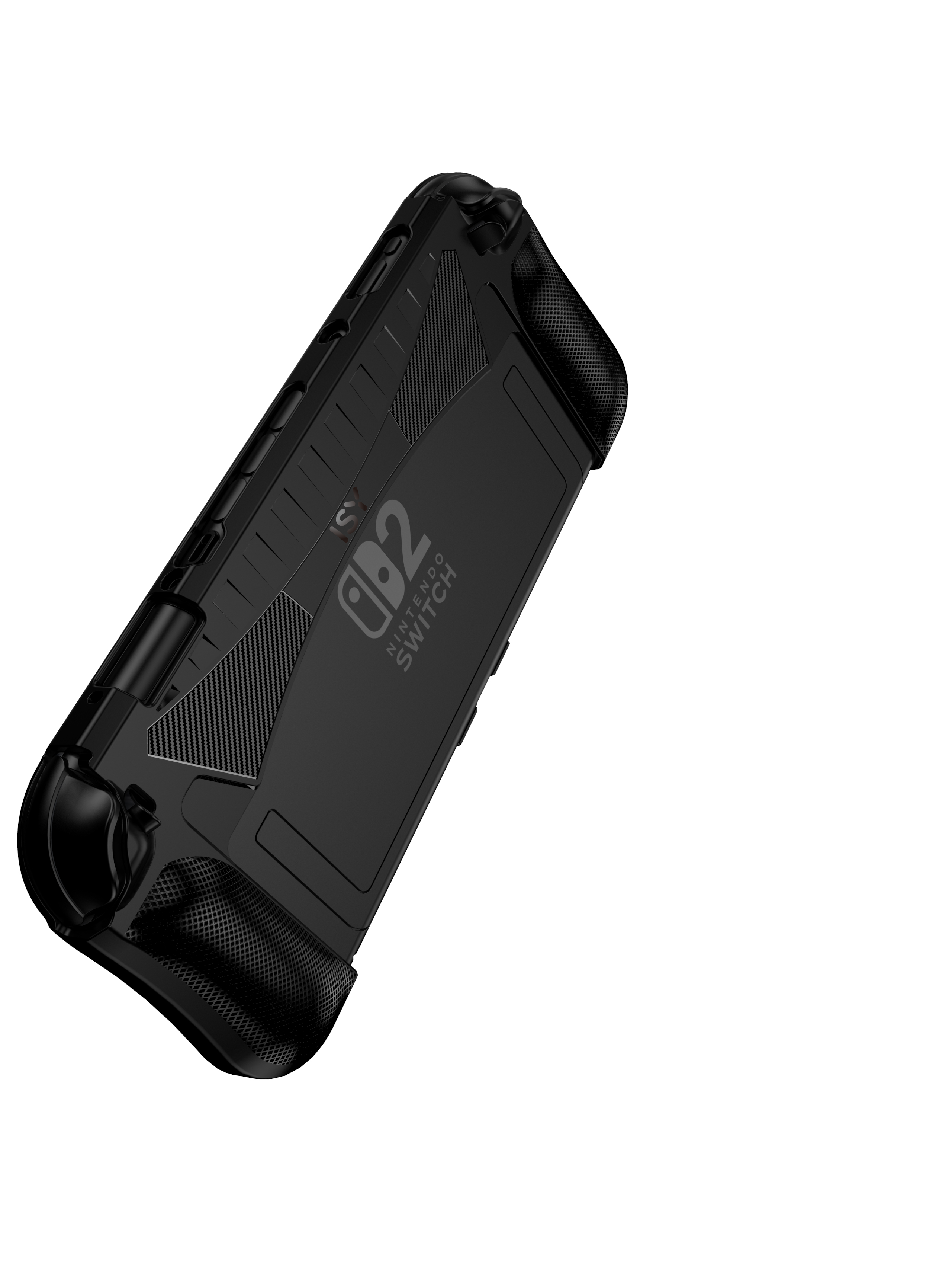Schwarzes Nintendo Switch Schutzgehäuse mit Griffen und Carbonmuster.