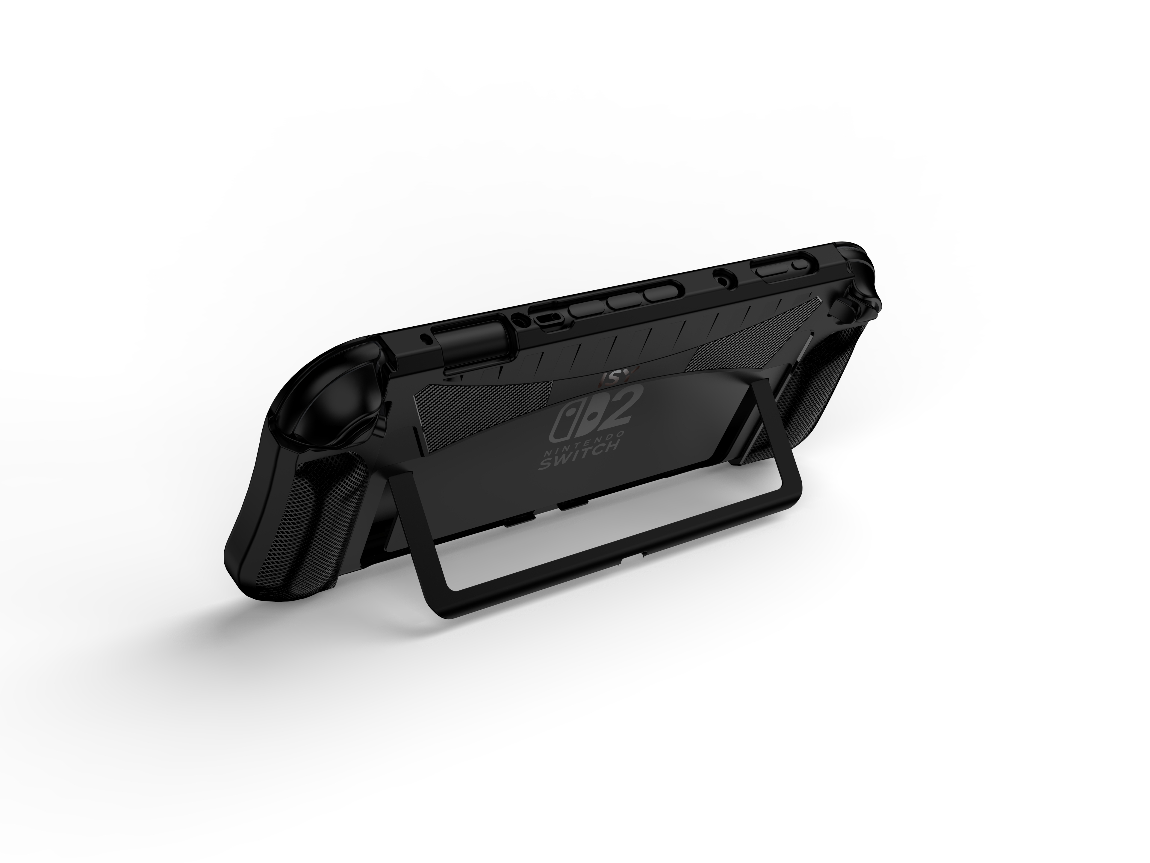 Schwarze Nintendo Switch Hülle mit Ständer, auf weißem Hintergrund.