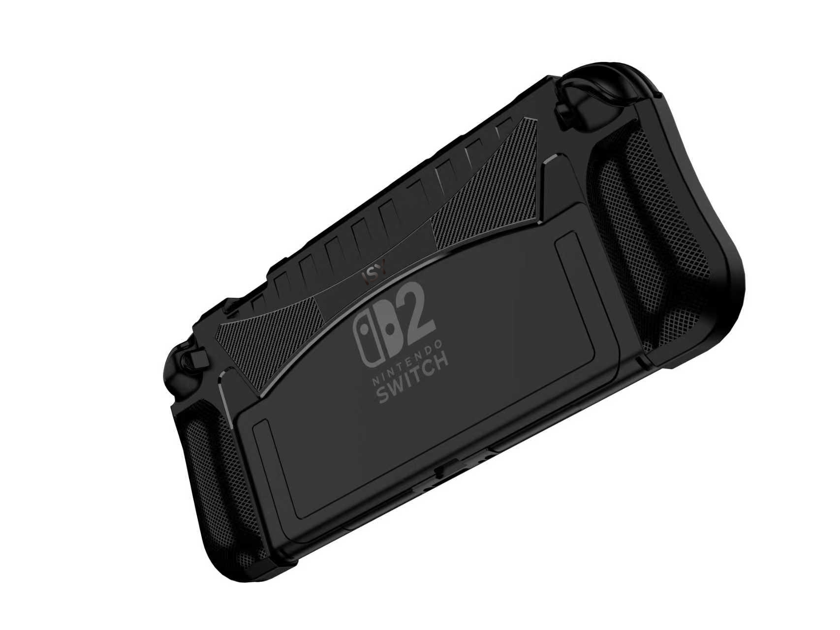 Schwarze Nintendo Switch Hülle mit texturierten Griffen und Belüftung. Logo sichtbar.