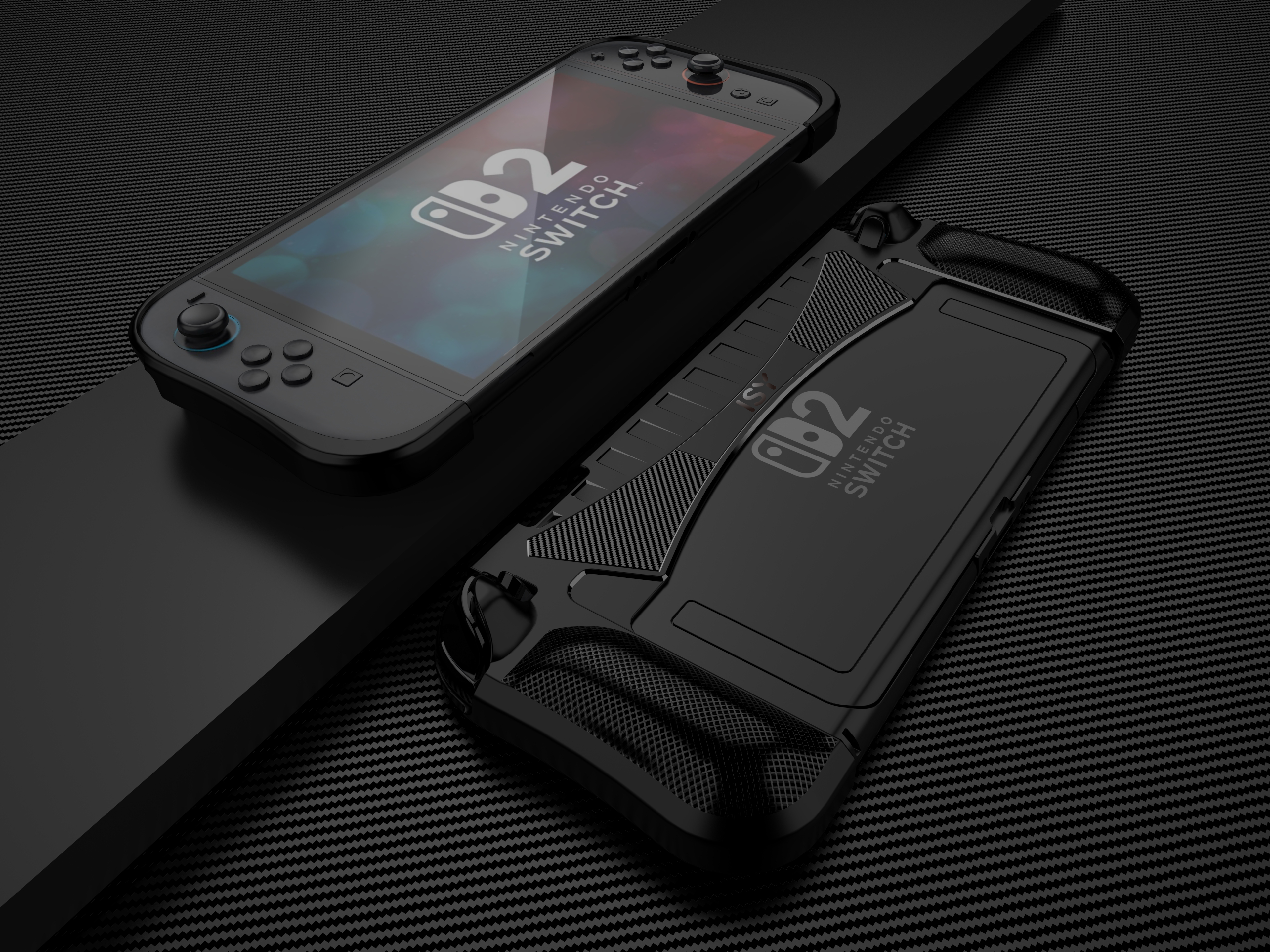 Ein schwarzer Nintendo Switch und ein Griffzubehör liegen auf einer schwarzen Carbonfaser-Oberfläche.