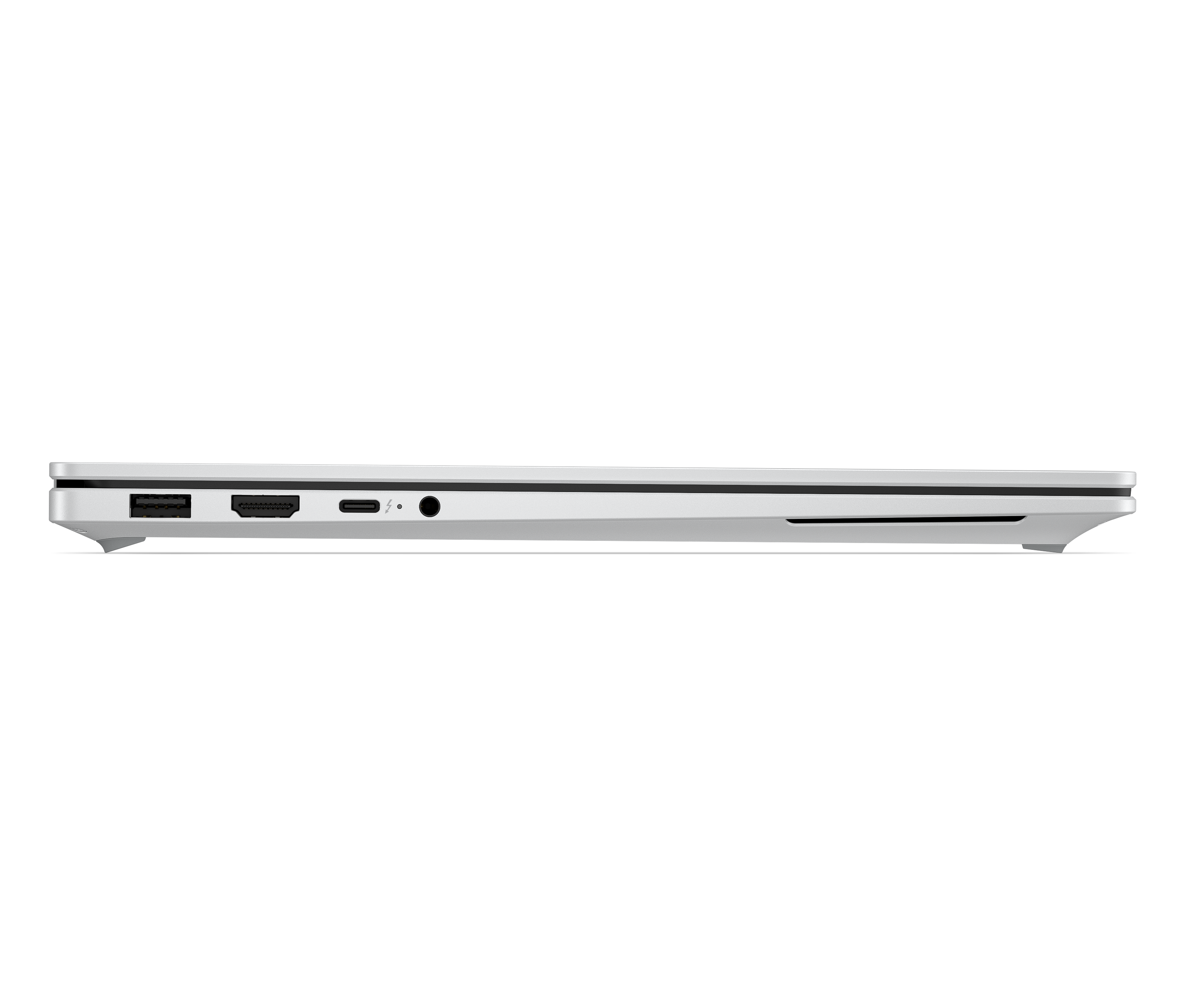 Srebrna krawędź laptopa z portami: USB, HDMI, USB-C, gniazdo słuchawkowe.