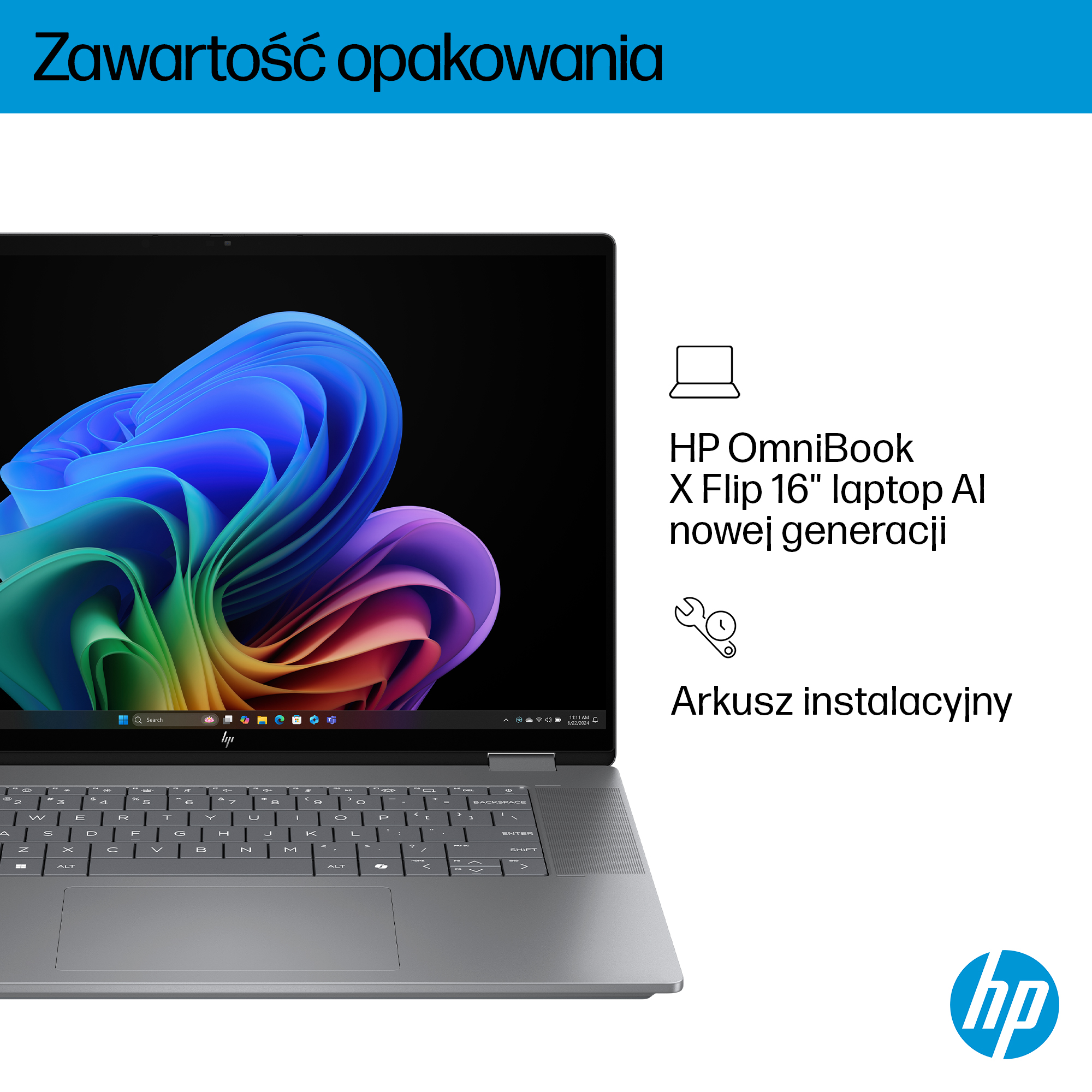 Szary laptop HP z kolorową tapetą i klawiaturą.
