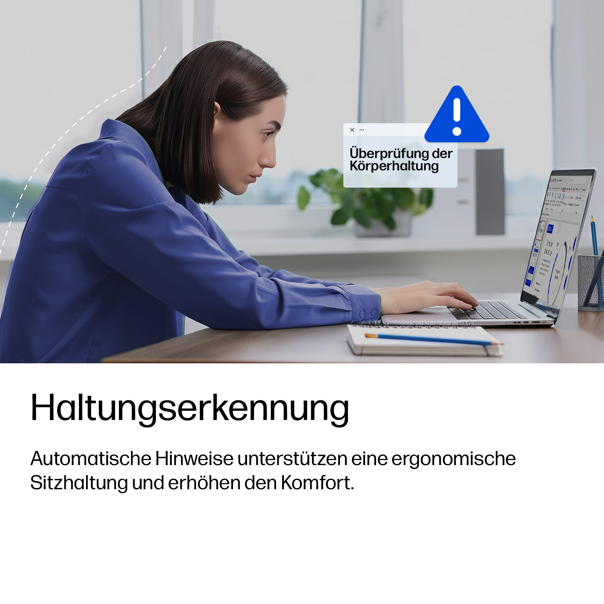Frau am Laptop mit schlechter Haltung, Warnmeldung am Bildschirm.