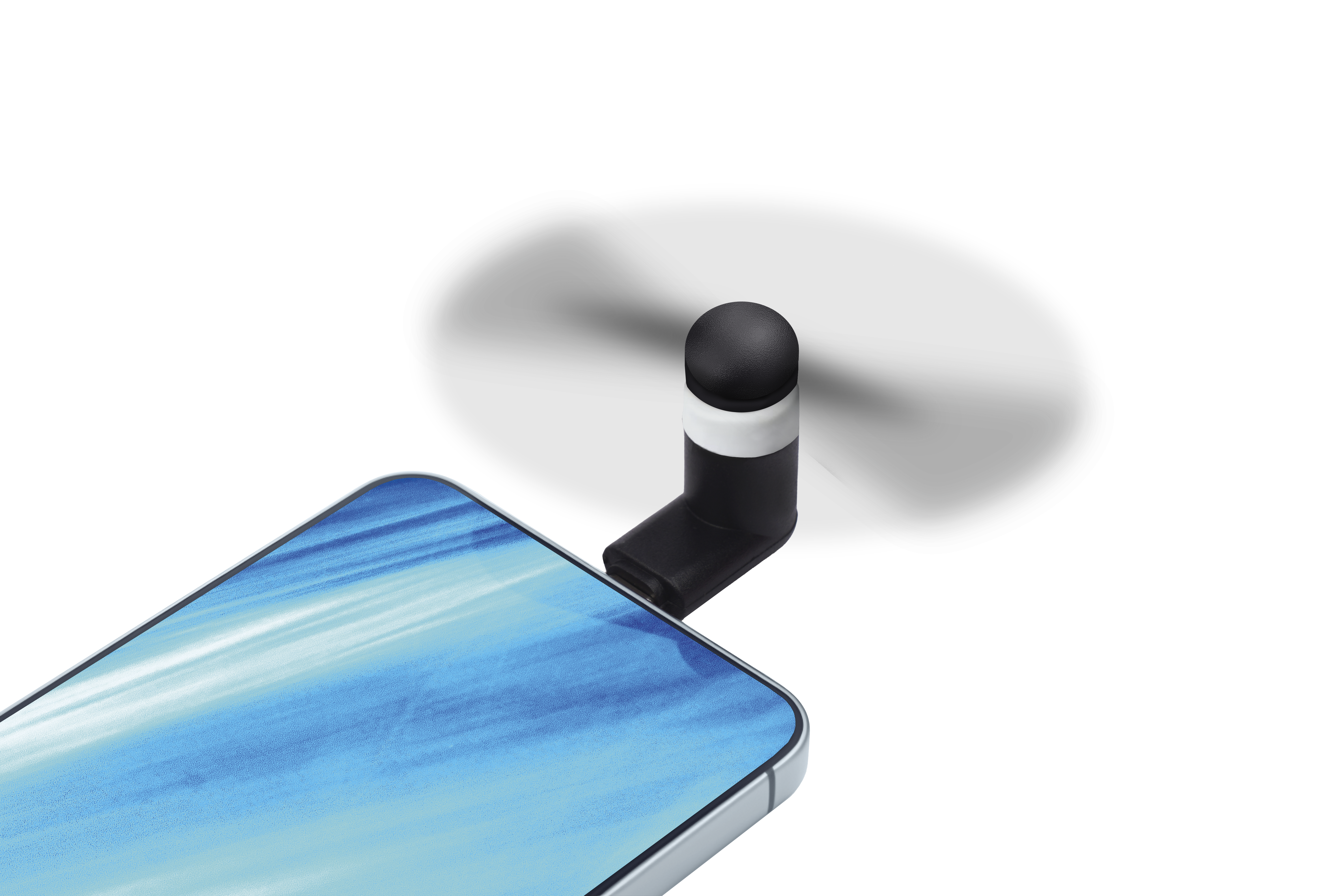 Ein schwarzer Stift mit rundem Kopf ist in ein Smartphone gesteckt.
