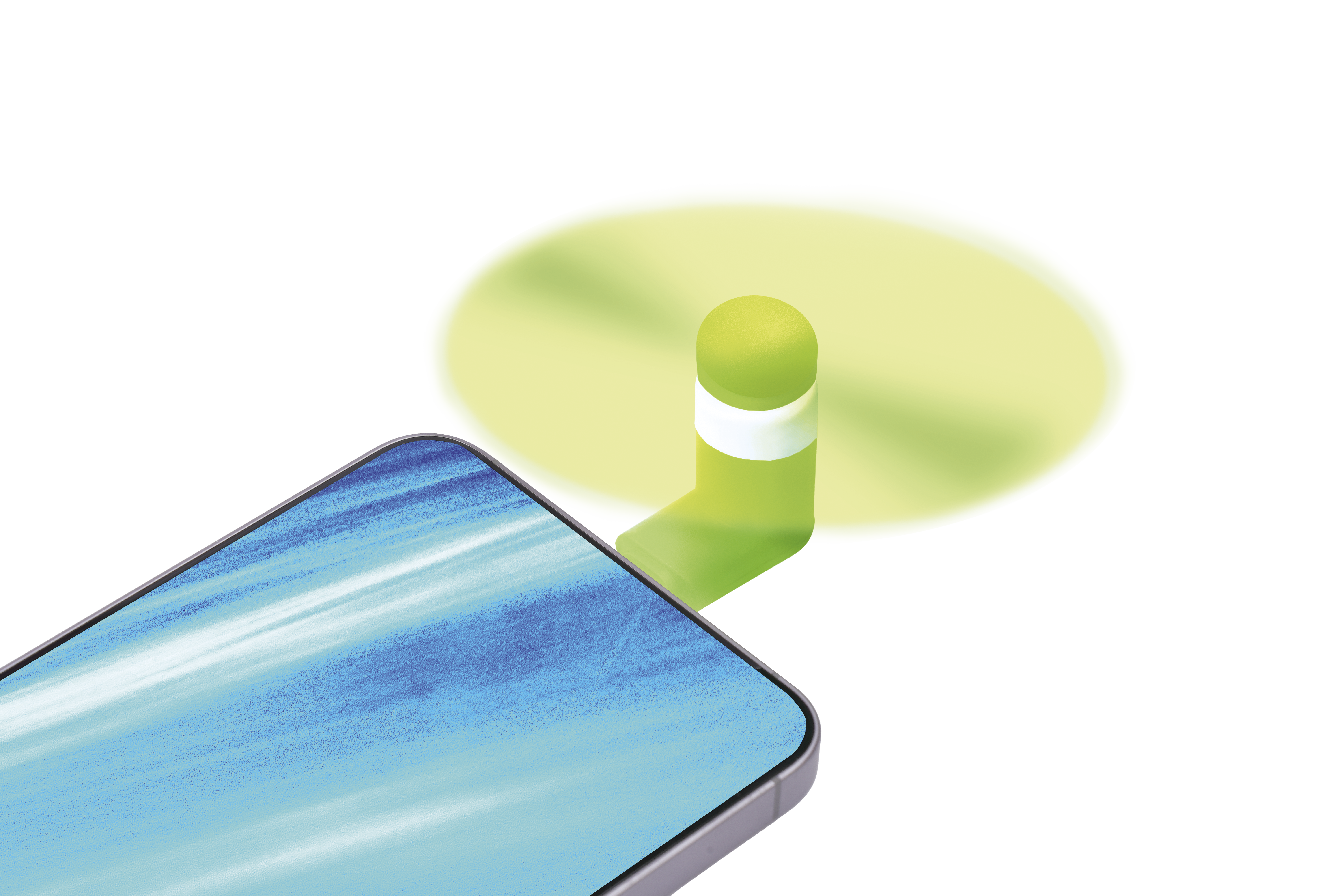 Ein Smartphone mit blauem Bildschirm und einem grünen Propeller, der sich dreht.