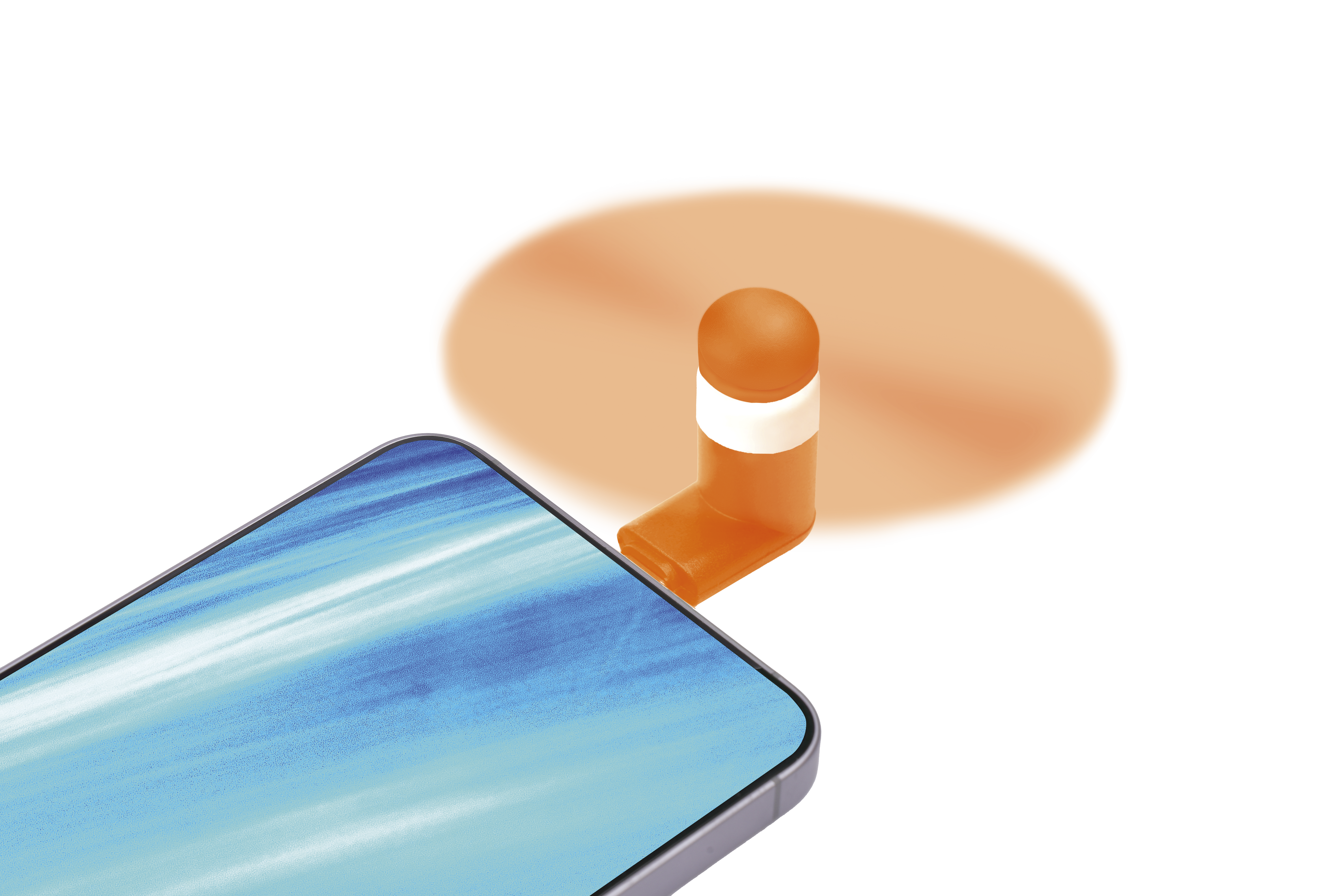 Ein orangefarbener Verkehrskegel mit weißem Streifen auf einem Smartphone.