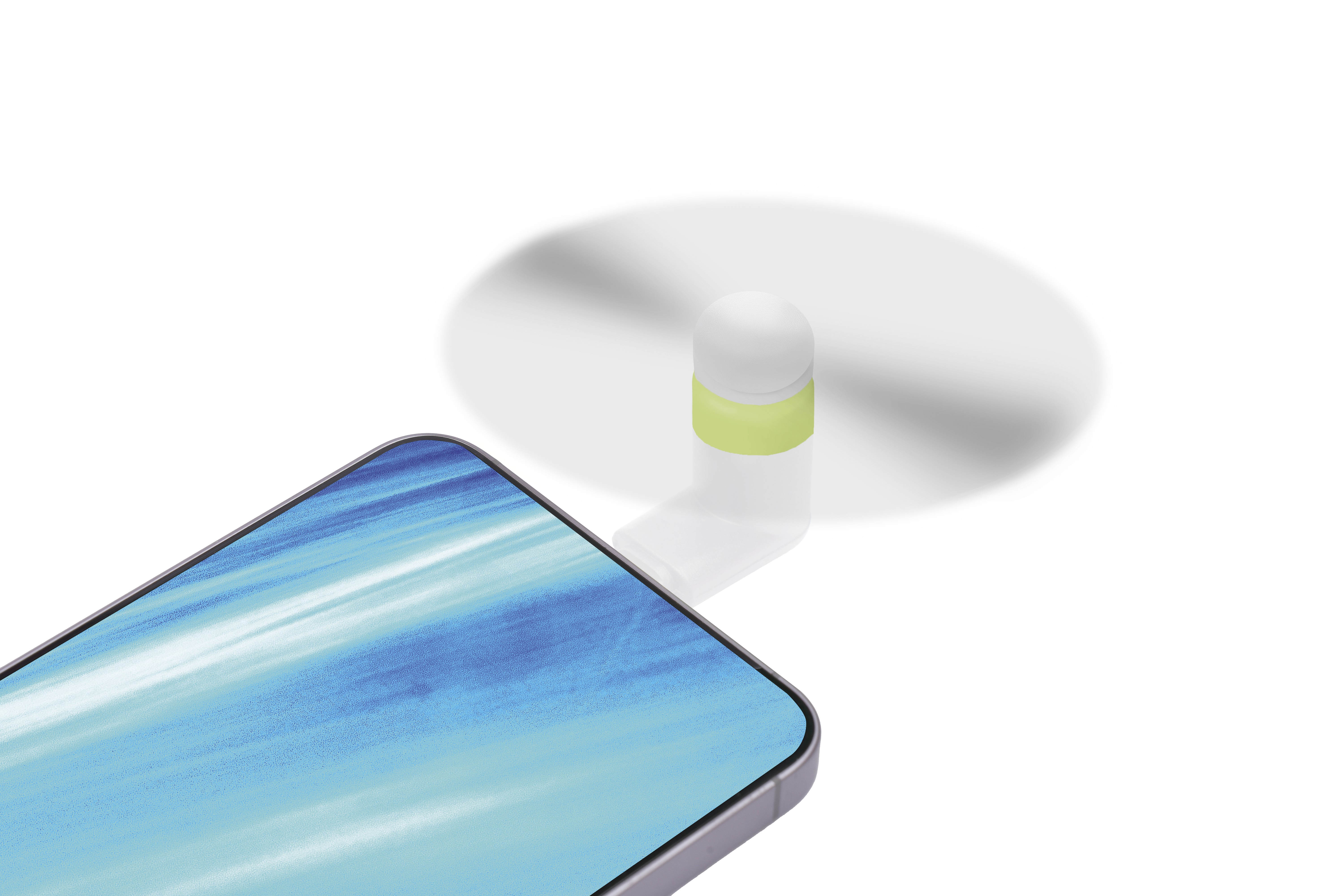 Ein Smartphone mit blauem Hintergrund und ein kleiner weißer Propeller mit grünem Band.