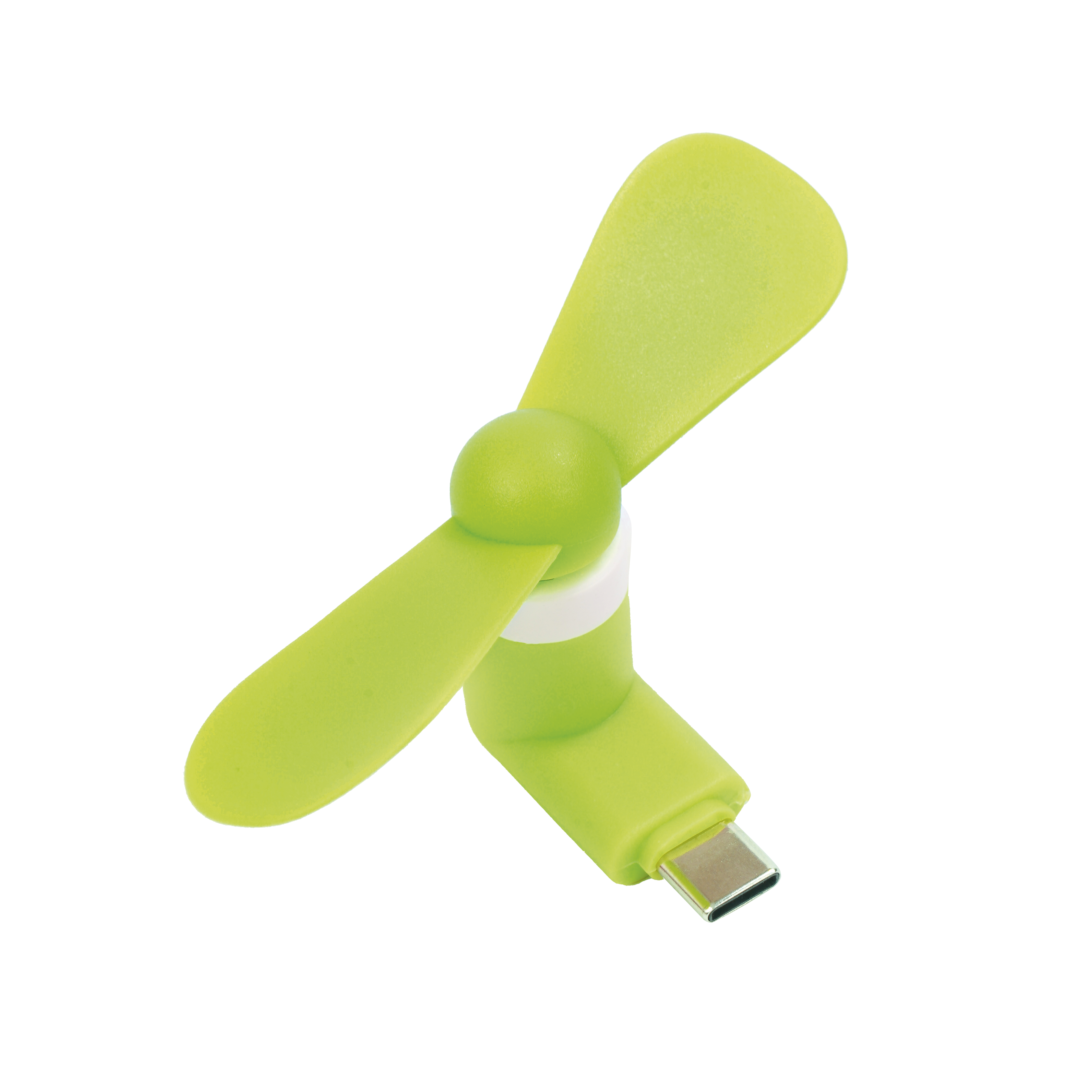 Ein kleiner grüner Lüfter mit USB-C-Anschluss auf schwarzem Hintergrund.