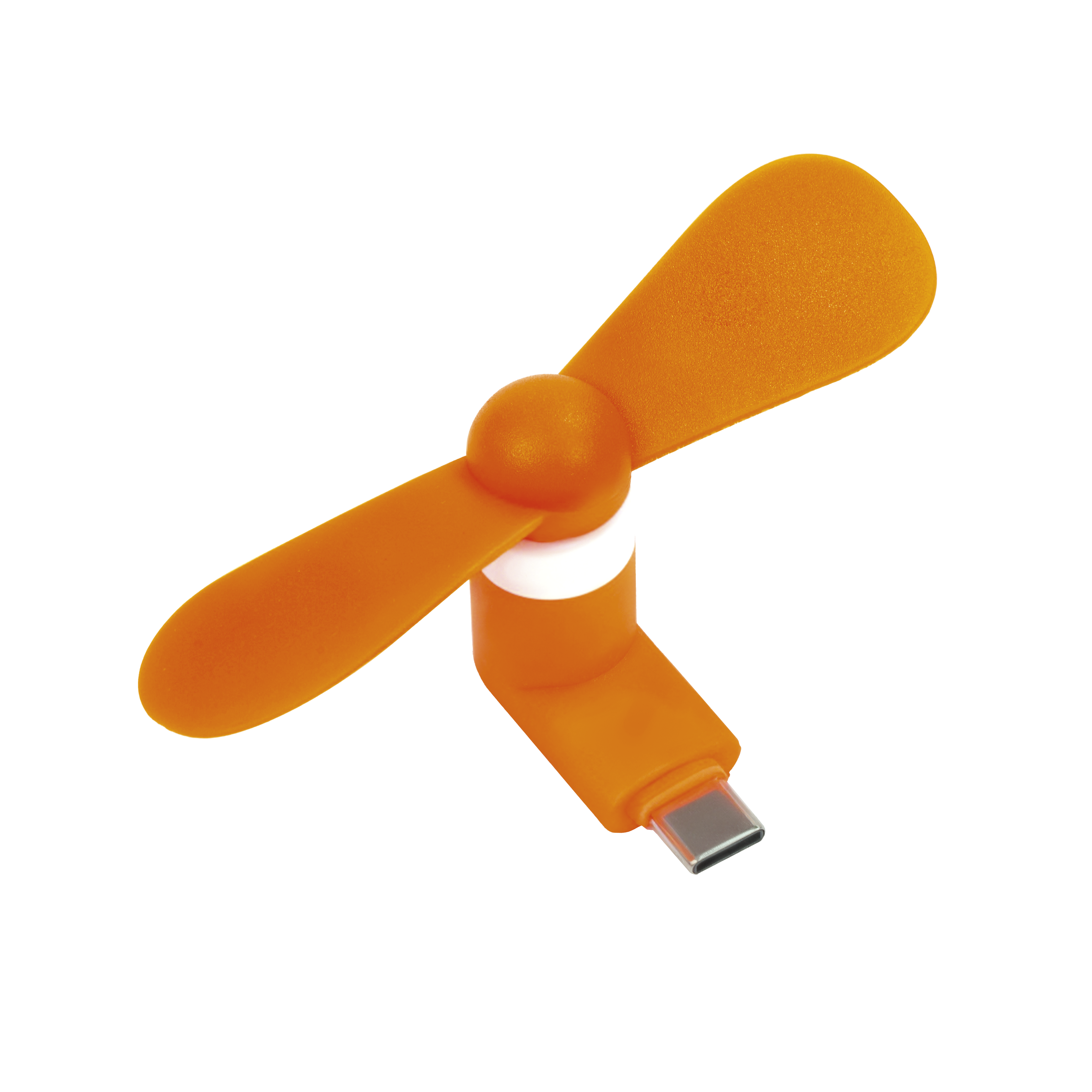 Ein kleiner orangefarbener USB-Ventilator mit drei Flügeln auf schwarzem Hintergrund.