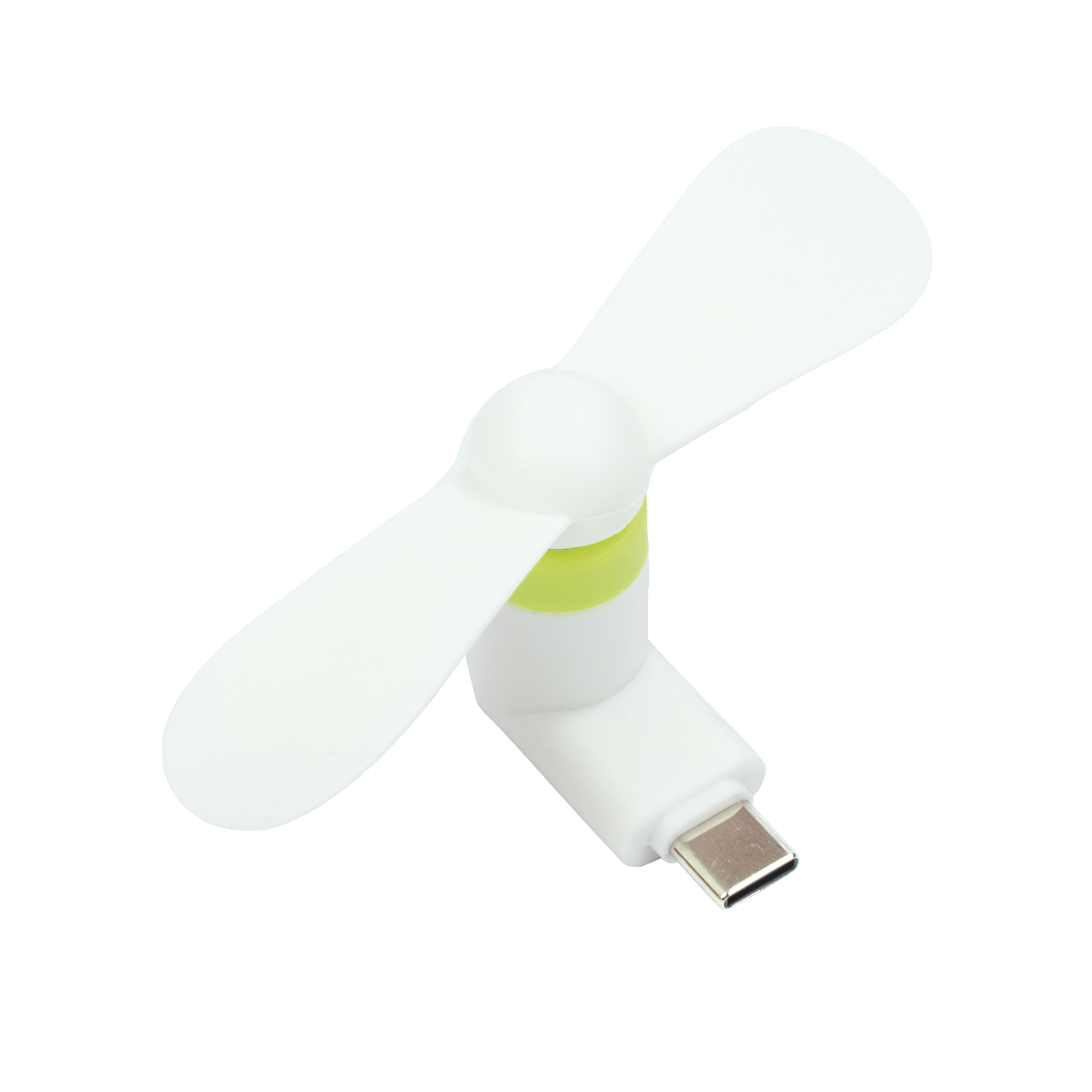 Ein kleiner weißer USB-Ventilator mit grünen Akzenten und einem USB-C-Anschluss.