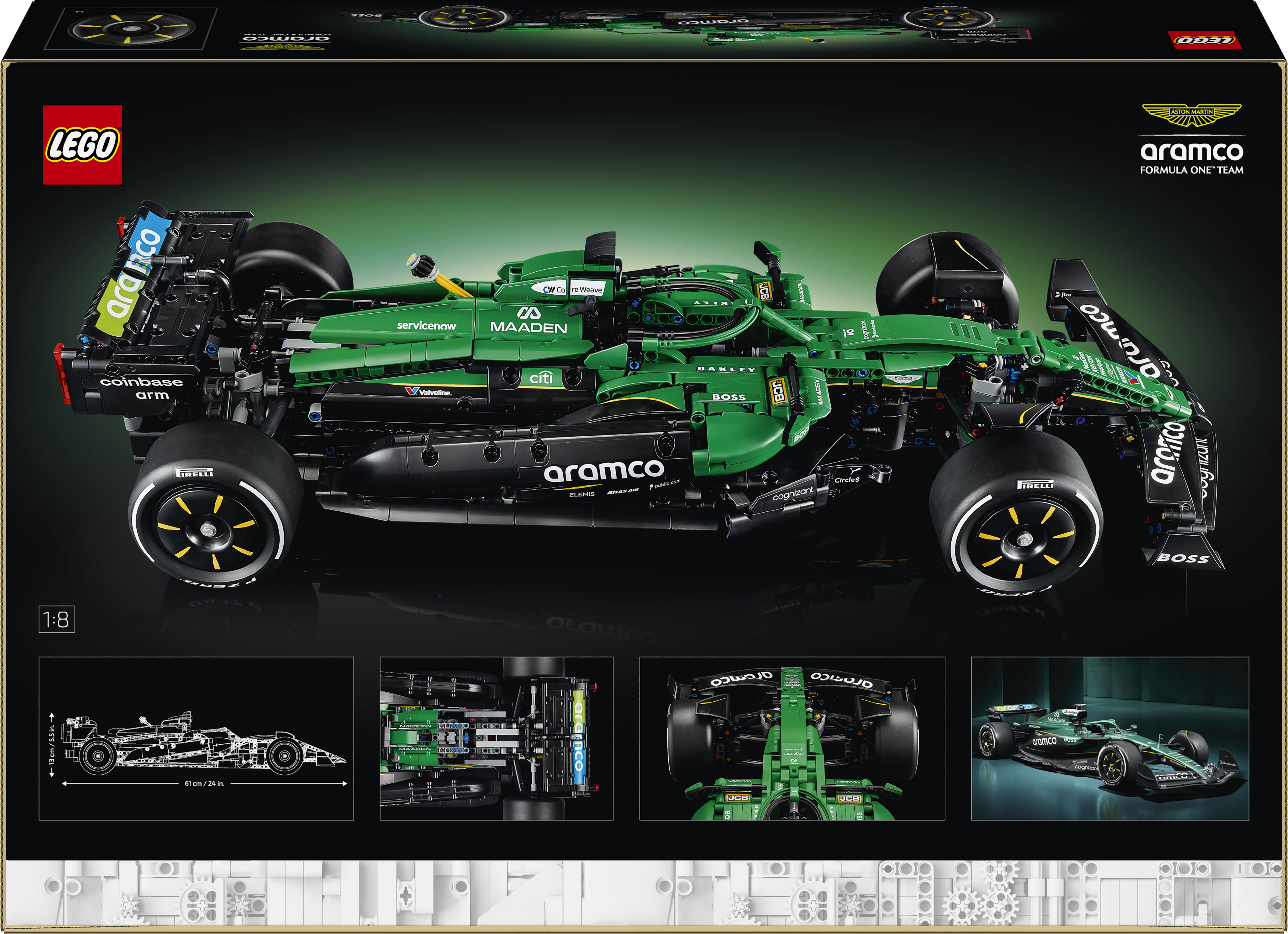 Ein grüner Lego Formel 1 Rennwagen mit schwarzen Akzenten und Sponsorenlogos.