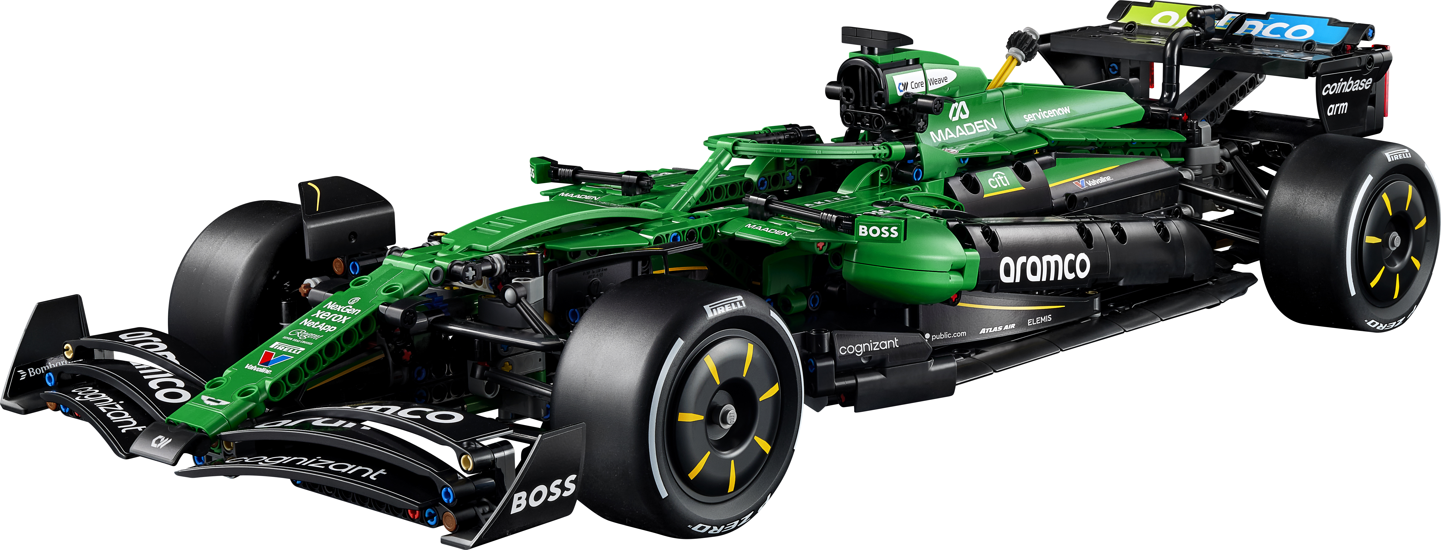 Ein grüner LEGO Formel-1-Wagen mit schwarzen Akzenten auf schwarzem Hintergrund.