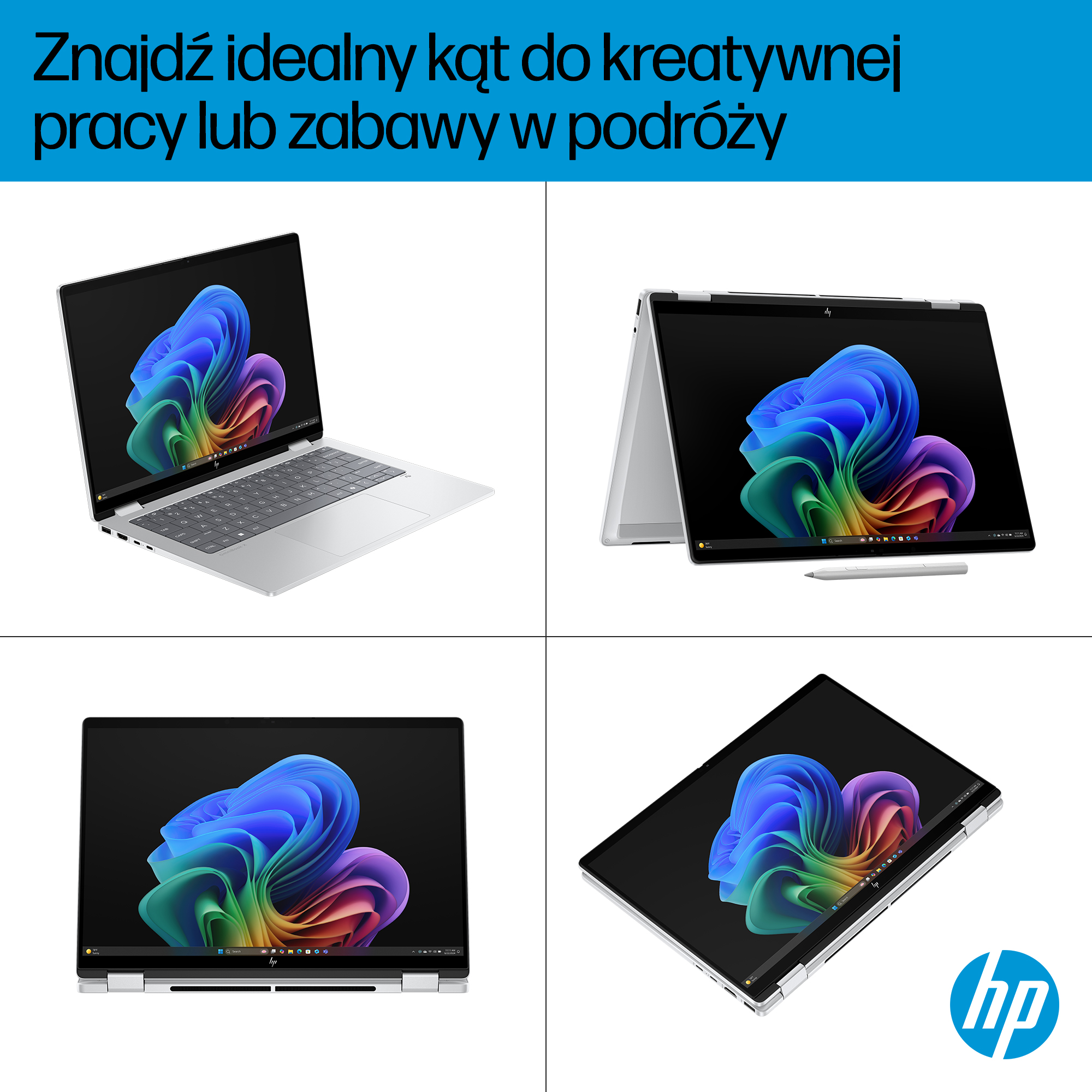Cztery widoki srebrnego laptopa HP z kolorową tapetą i rysikiem.
