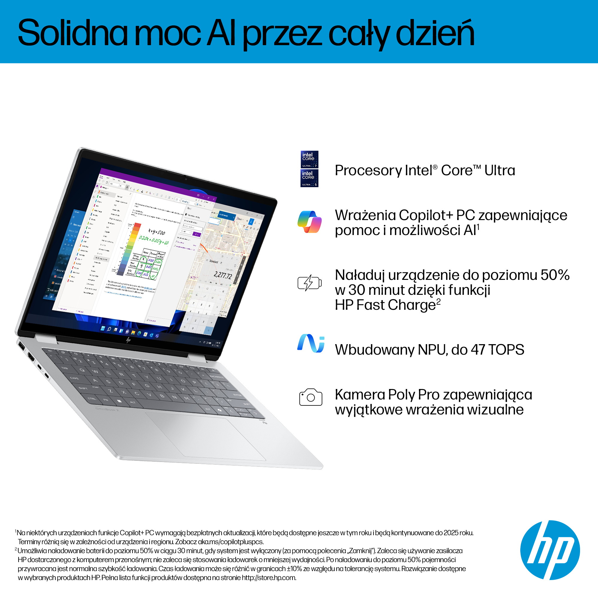 Laptop z procesorem Intel Core Ultra, Copilot+ PC, szybkim ładowaniem i NPU.